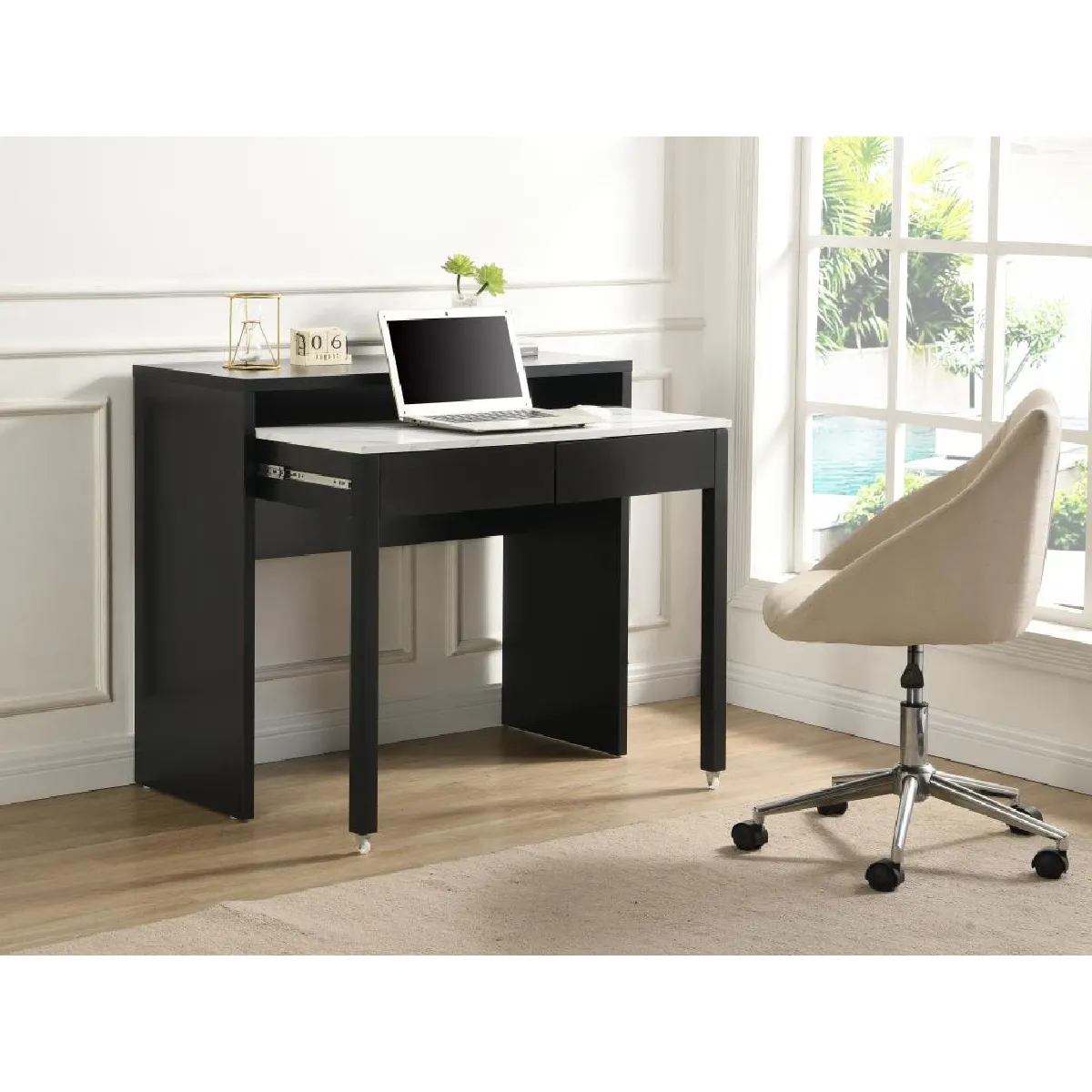 Bureau console extensible avec 2 tiroirs - Noir et effet marbre blanc - LOAVIA