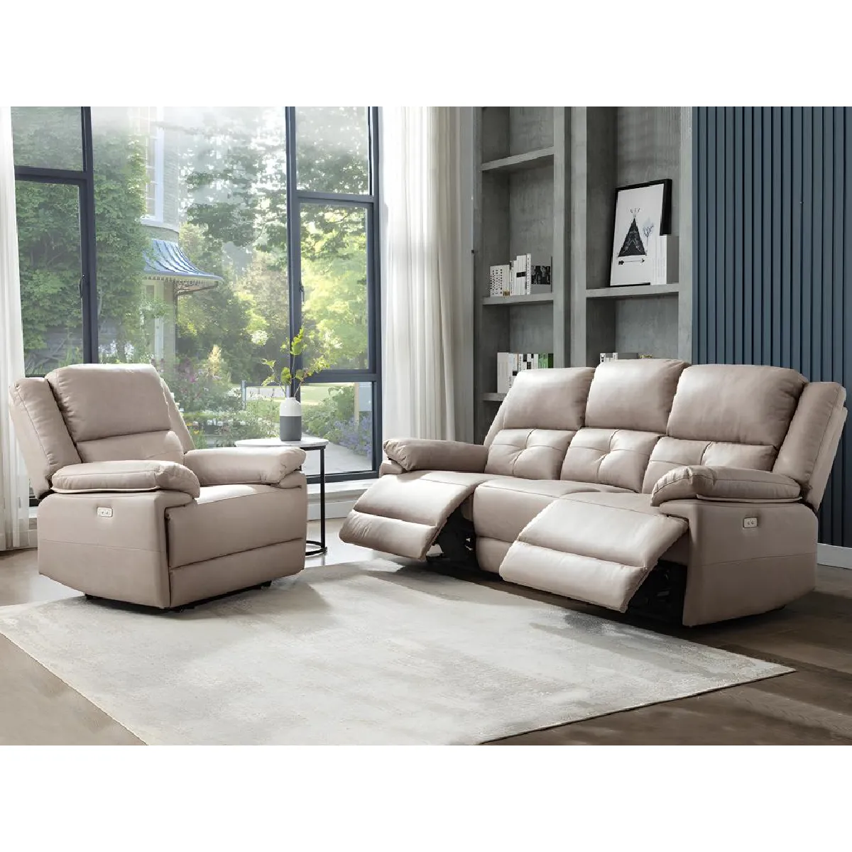 Canapé 3 places et fauteuil relax électrique en tissu taupe DOLENE