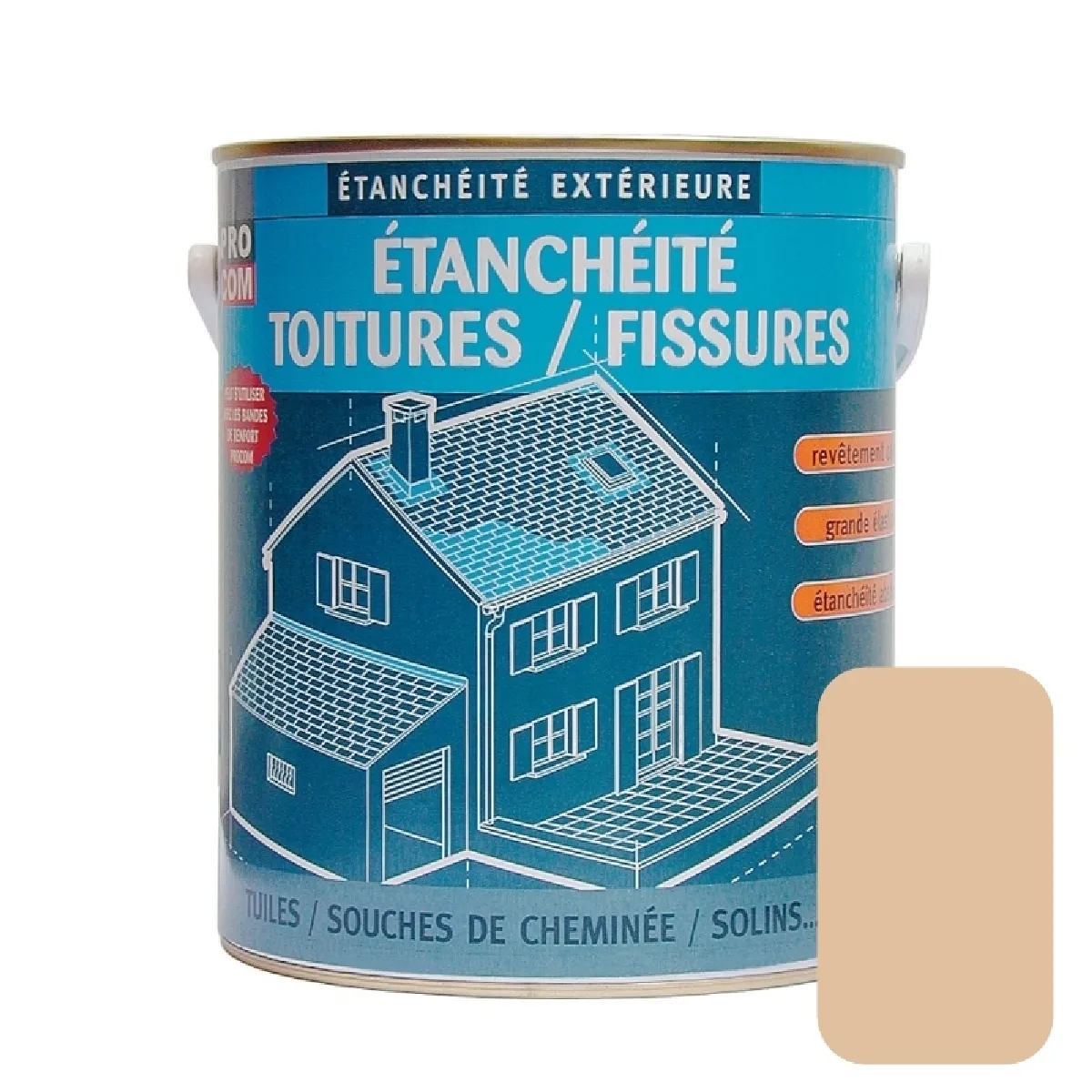 Peinture d'étanchéité toiture, réparation tuiles, fissures, anti-fuites, anti-mousse, décore, protège, plusieurs coloris PROCOM-2.5 litres-Paille