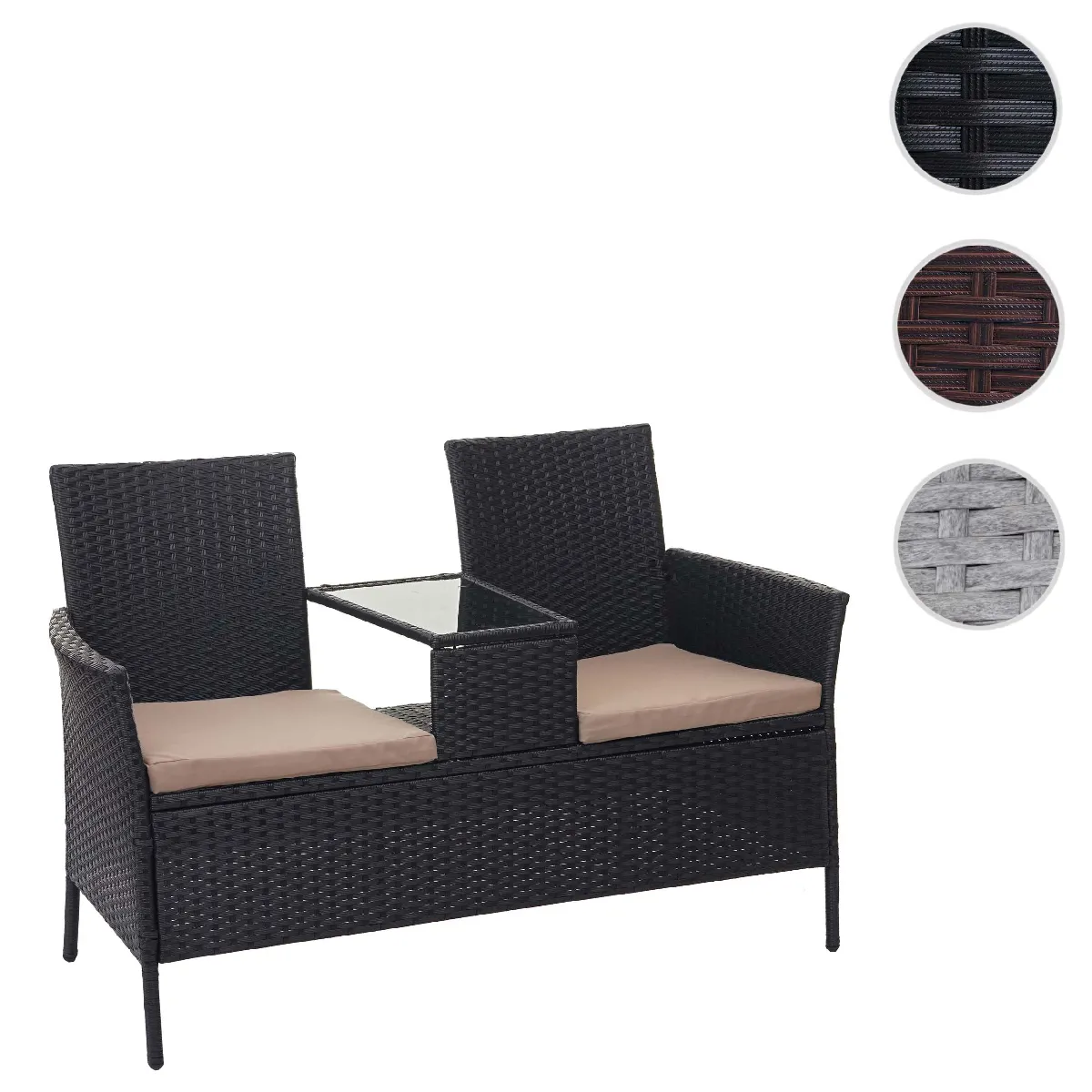 Banc avec table en polyrotin HWC-E24, banquette de jardin, meuble de jardin 132cm ~ noir, coussin crème