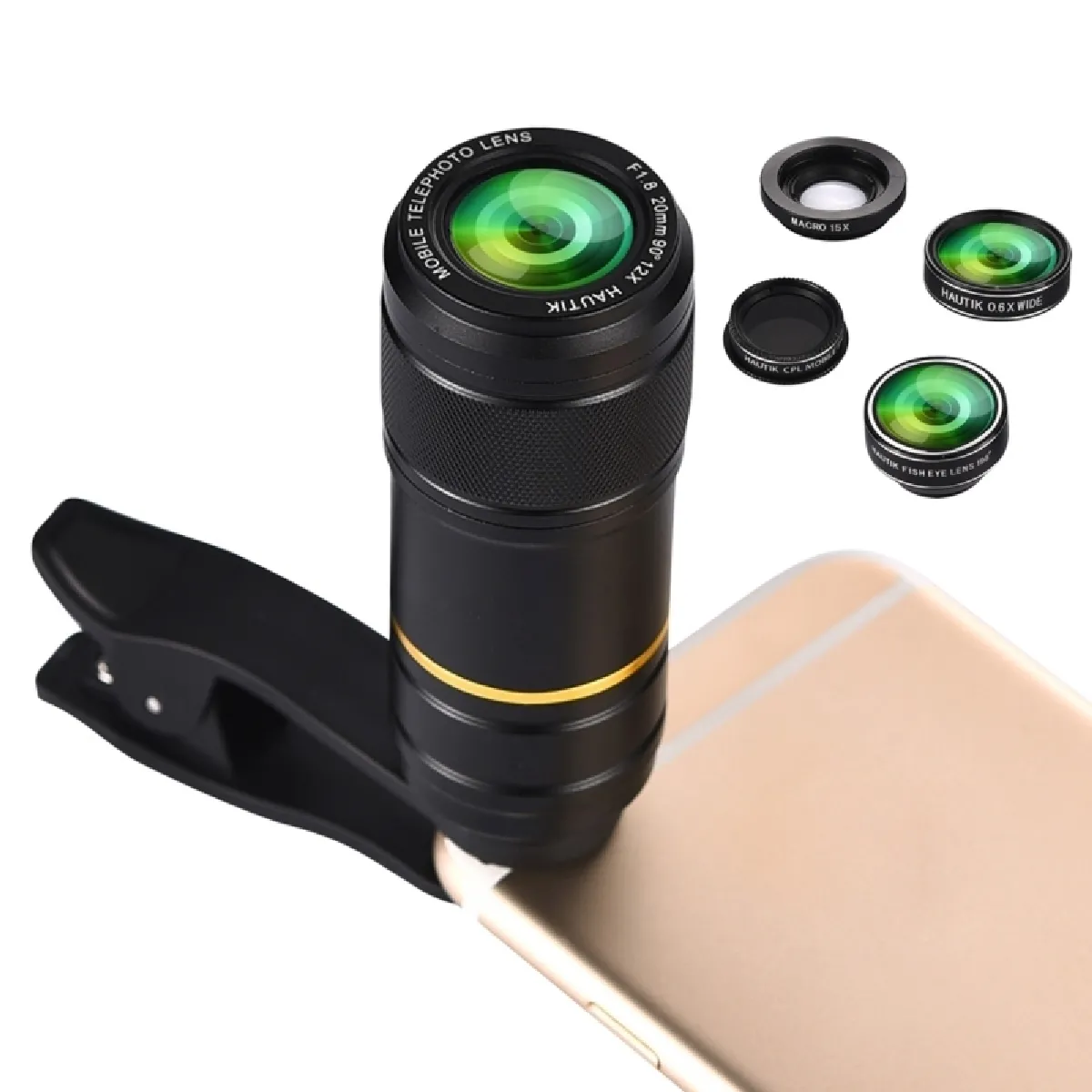 Pour iPhone, Galaxy, Sony, Lenovo, HTC, Huawei, Google, LG, Xiaomi, autres Smartphones et appareil photo numérique ultra-mince HK-002 5 en 1 Lentille Fisheye 198 degrés + Macro 15X + 0.6X Large + Téléobjectif 12X + Kits Lentilles CPL,