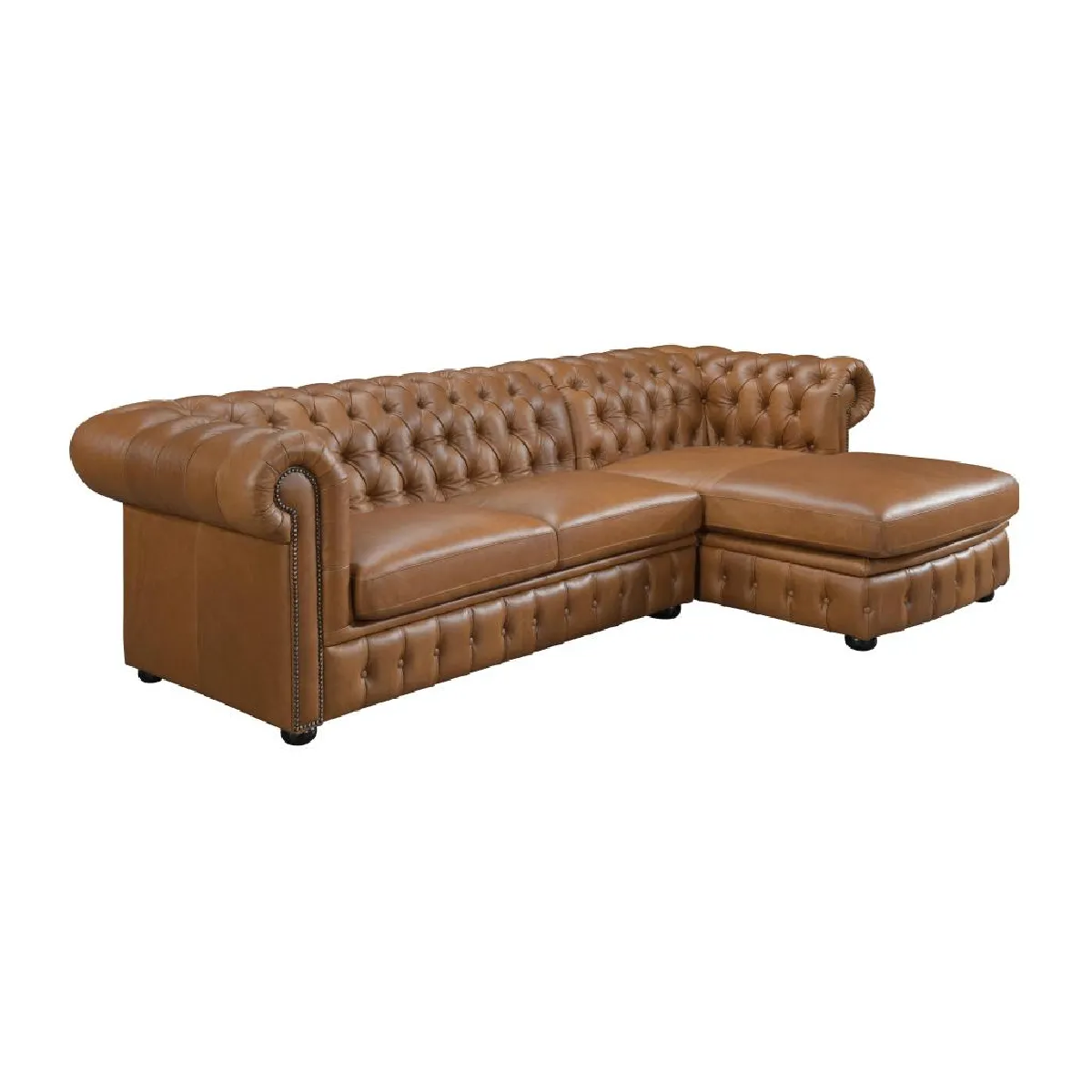 Canapé d'angle droit chesterfield BRENTON 100% cuir de buffle premium - Caramel vintage