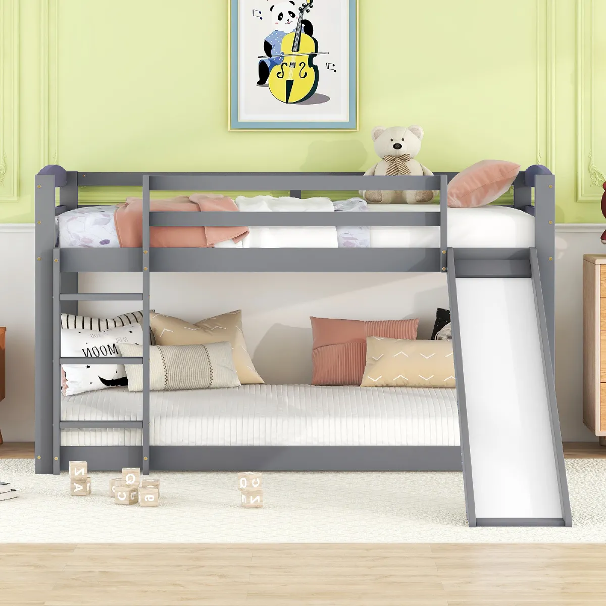 Lits Superposés Enfant - Lit Mezzanine Avec Toboggan - Cadre En Pin Massif - 90X200cm - Gris