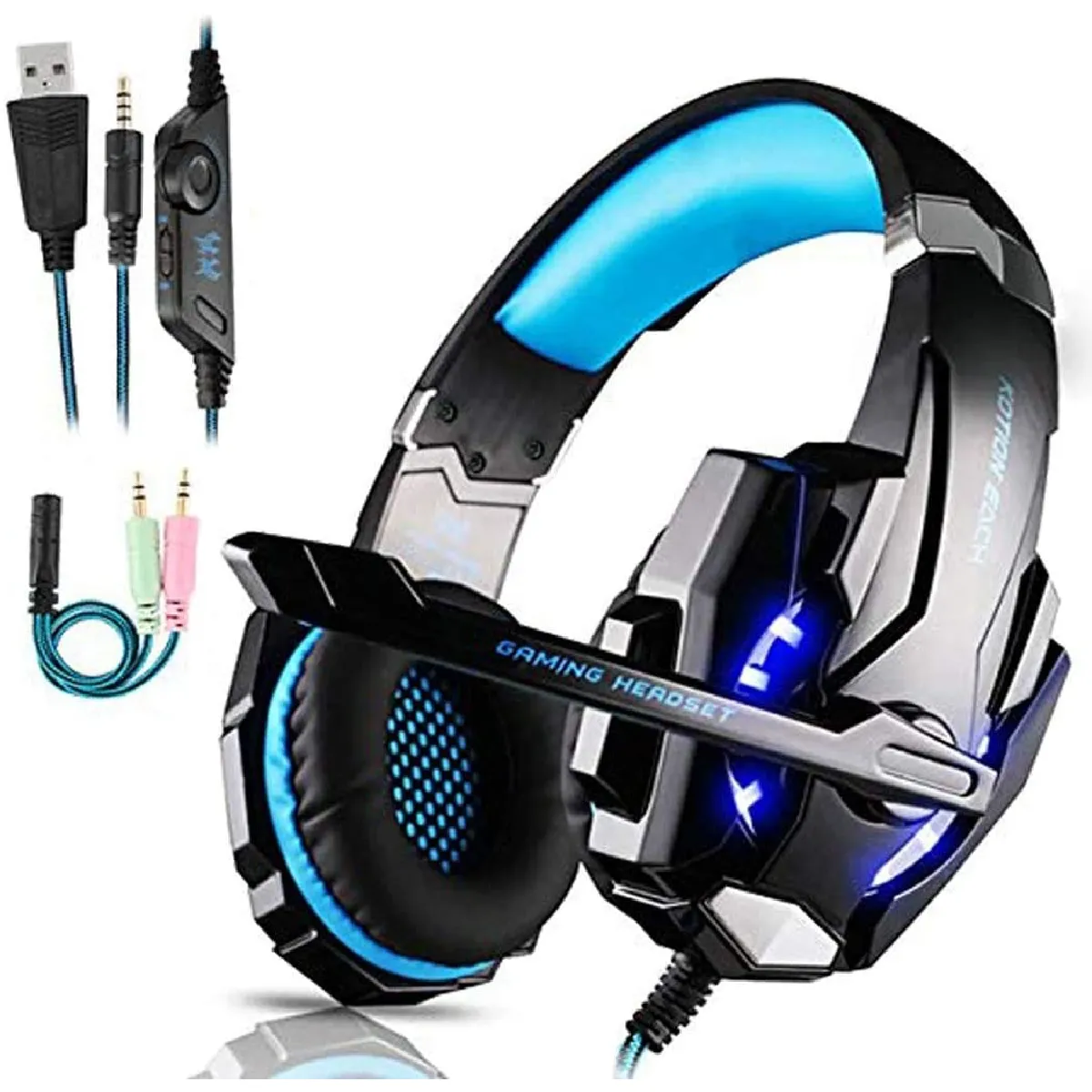 Micro Casque Gaming PS4, Casque Gaming Switch avec Micro Anti Bruit Casque Gamer Xbox One Filaire LED Lampe Stéréo Bass Microphone Réglable avec Micro 3.5mm Jack,Bleu