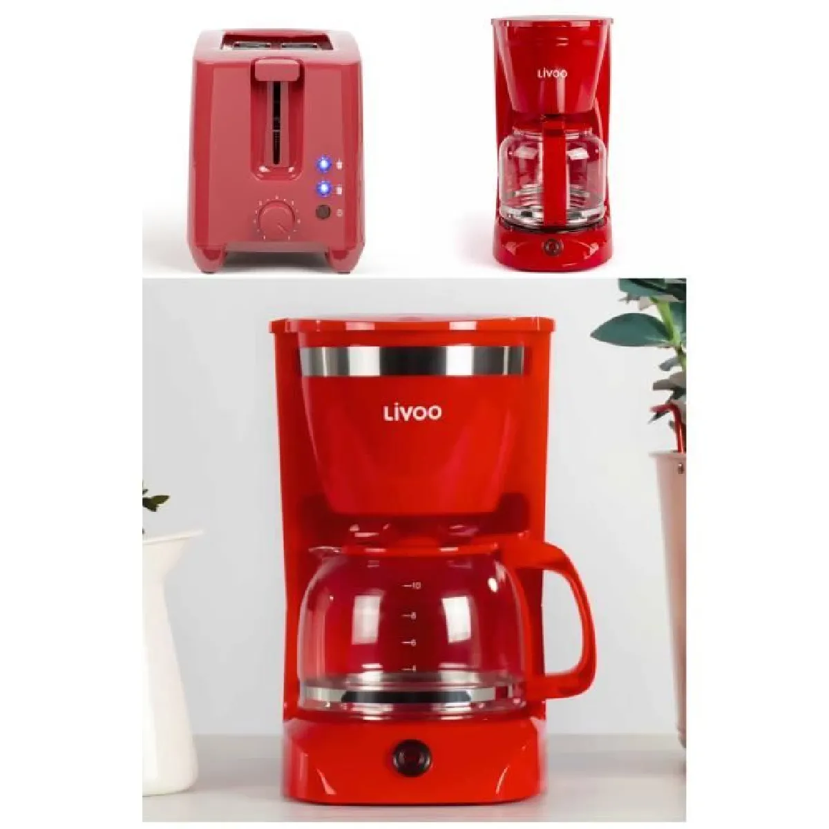 Cafetière Electrique 800W 12-tasses-Classique ROUGE Livoo - Grille-pain Rouge 2 Fentes 750W 7 niveaux de cuisson