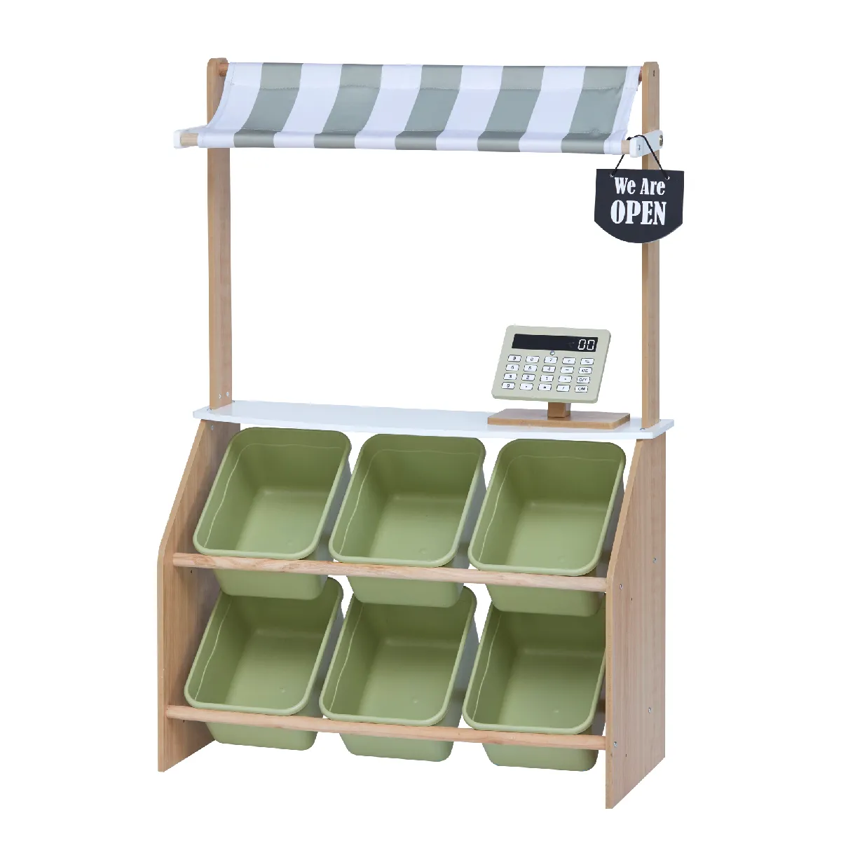 Marchande enfant stand petit marché bois avec 6 bacs à fruits et légumes vert Little Helper Teamson Kids TD-13638A