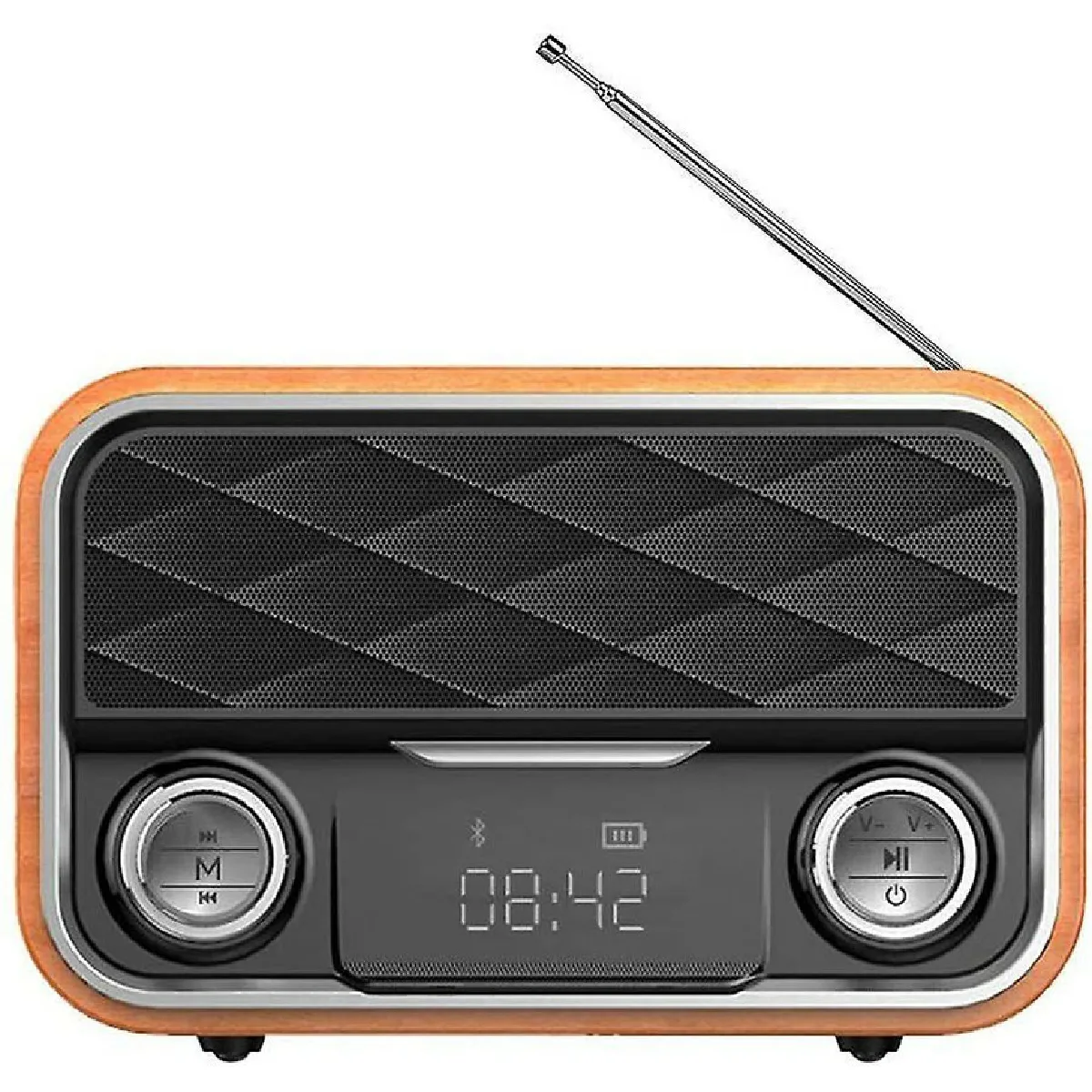 Radio rétro Bluetooth avec AUX/FM, radio d'urgence avec antenne, haut-parleur Bluetooth portable haut de gamme compatible avec les tablettes Android,Bois sombre