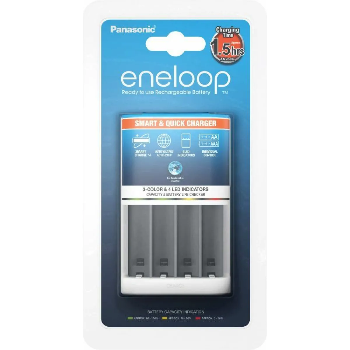 Panasonic eneloop, Chargeur Rapide Intelligent, pour 1-4 Piles Ni-MH AA/AAA & eneloop, Pile Ni-MH prête à l'emploi, AA Mignon, Pack de 8, Emballage utilisable comme étui de Rangement, Min. 1900 mAh