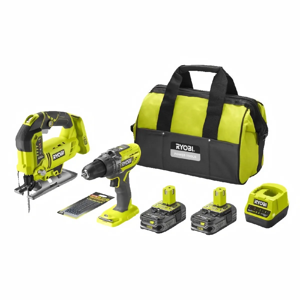 RYOBI One+ Duo perceuse a percussion + scie sauteuse sans fil 18V - RCK182B-225SA6 - 2 batteries 2,5 Ah - 6 lames - sac de ra...