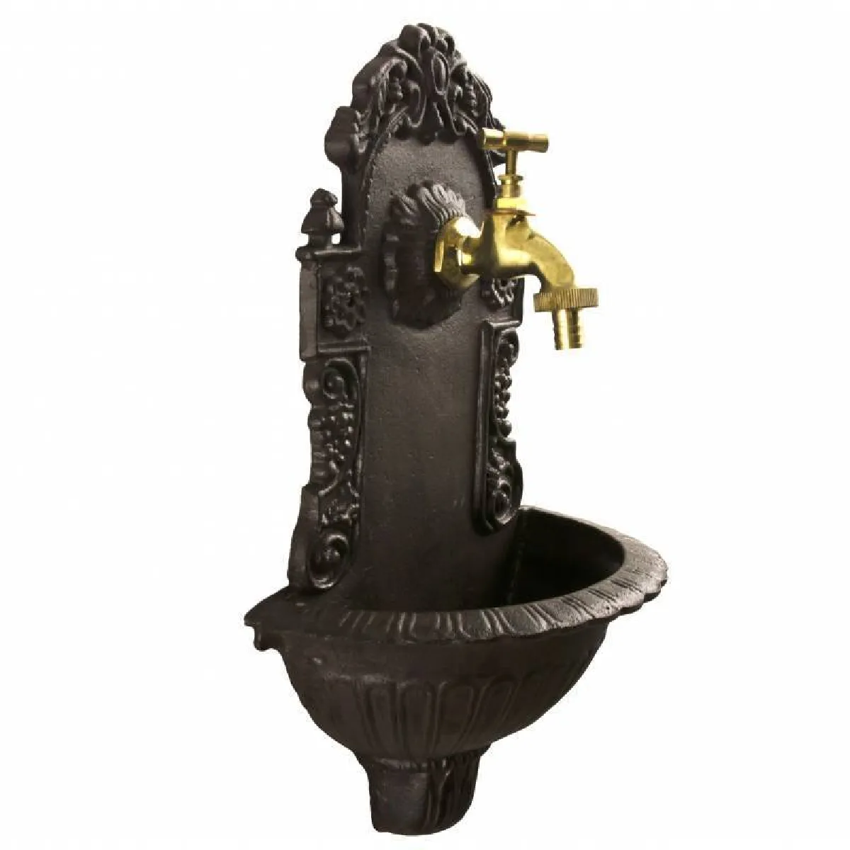 Fontaine de Jardin de Charme Murale Source Fonte Patinée Marron avec Robinet Fonctionnel en Laiton 14x25x40cm