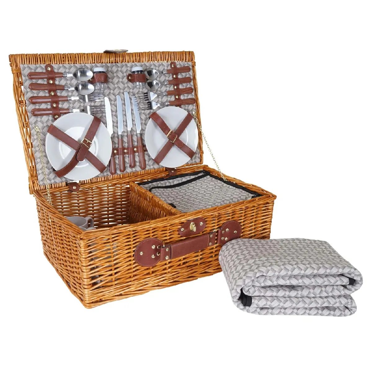 Panier pique-nique beige en osier pour 4 personnes avec couvert assiettes tasses DIV04017