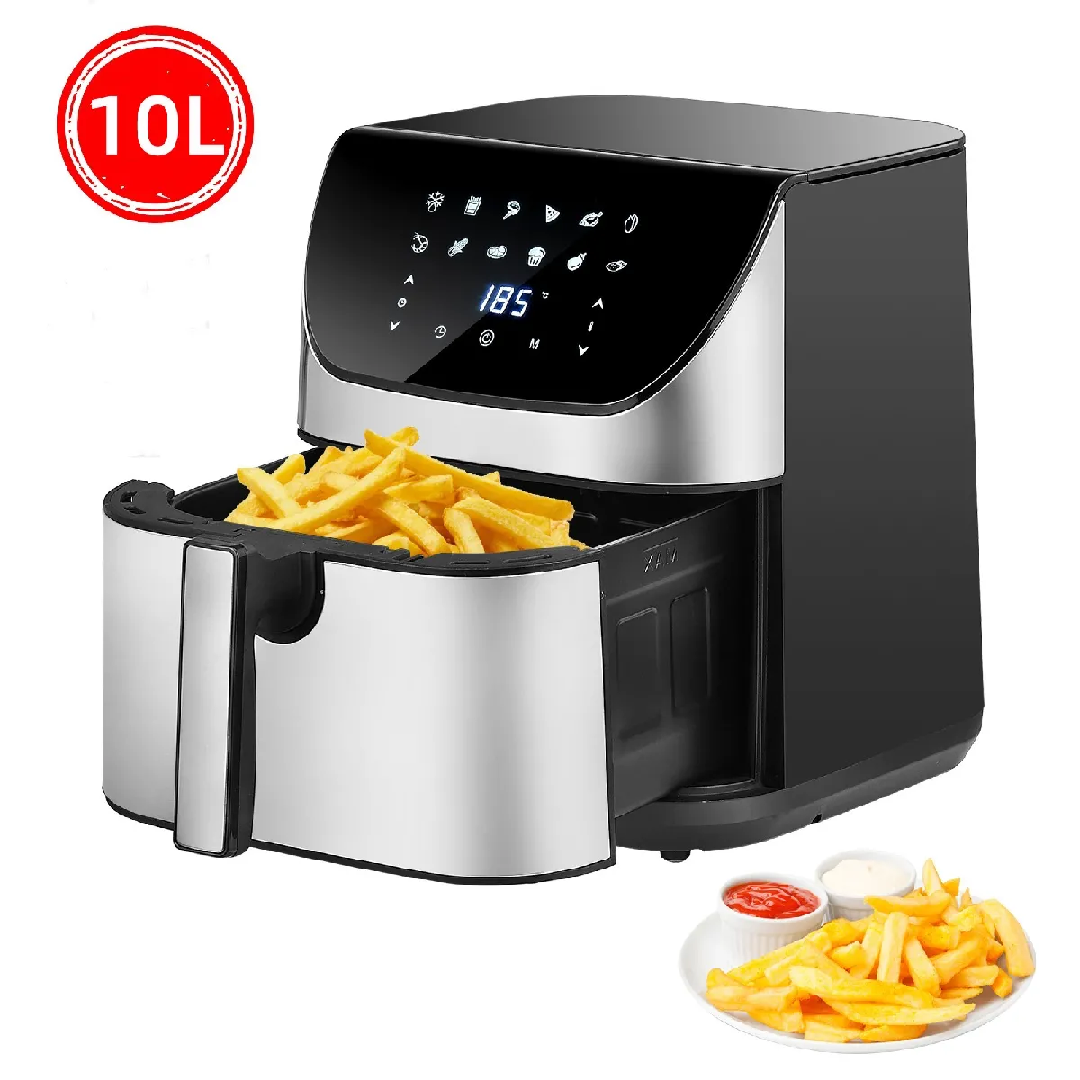 Friteuse à air sans huile 10 L - Air Fryer 2500 W - avec Écran Tactile LED - 12 programmes Température réglable - Noir