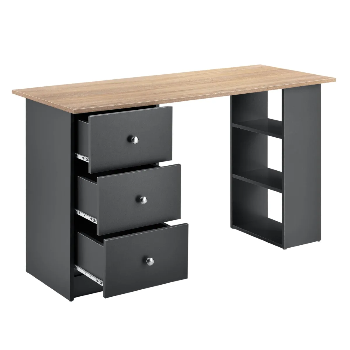 Bureau table secrétaire poste de travail informatique avec 3 tiroirs 120 cm gris foncé et bois 03_0004712