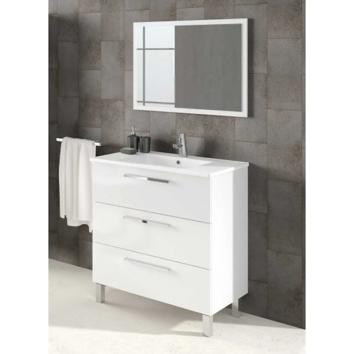 Meuble sous vasque 3 tiroirs 80 cm + vasque + miroir Blanc - ENATHA