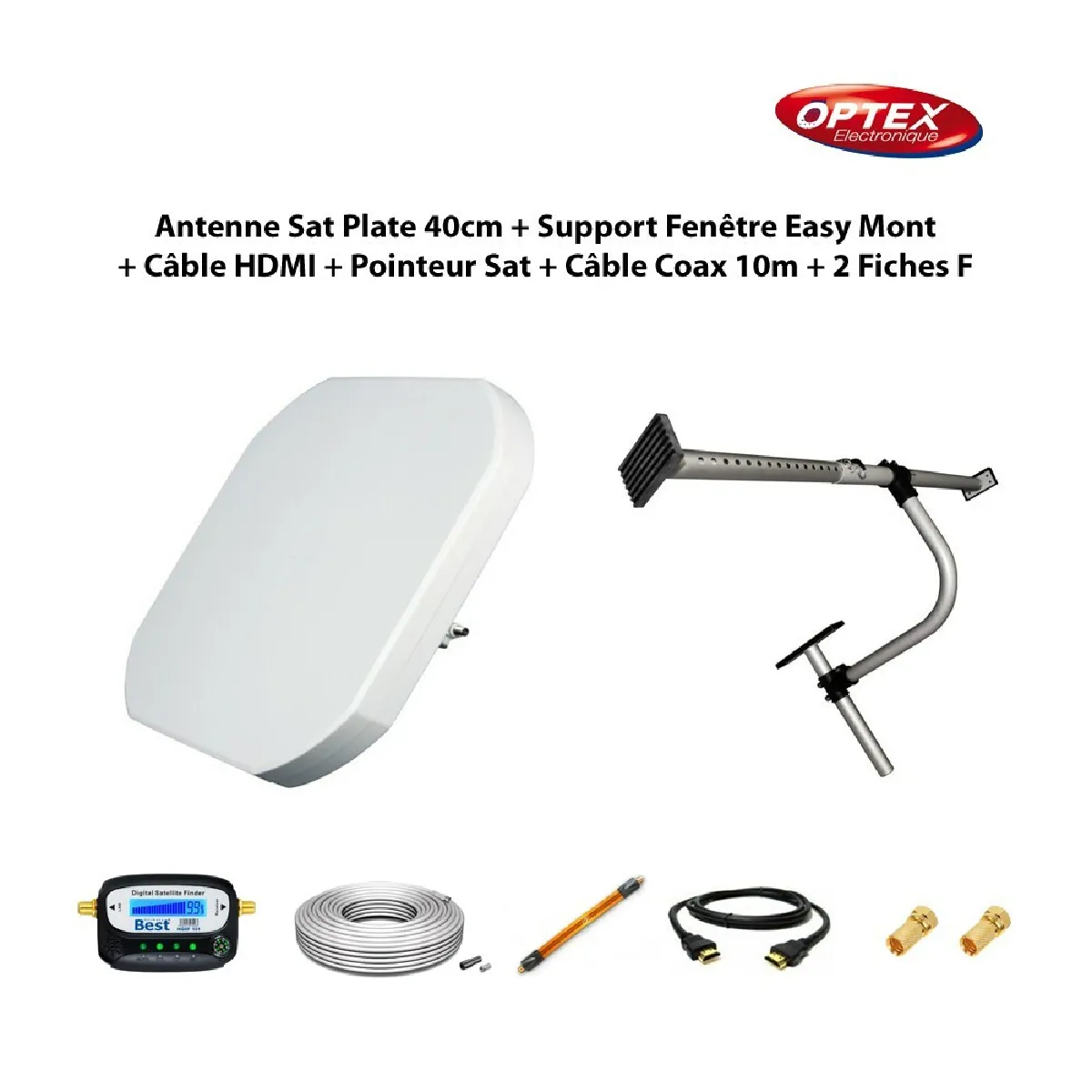 Antenne Sat Plate 40cm + Support Fenêtre Easy Mont + Câble Passe Fenêtre + Câble HDMI + Pointeur Sat + Câble Coax 10m + 2 Fiches F