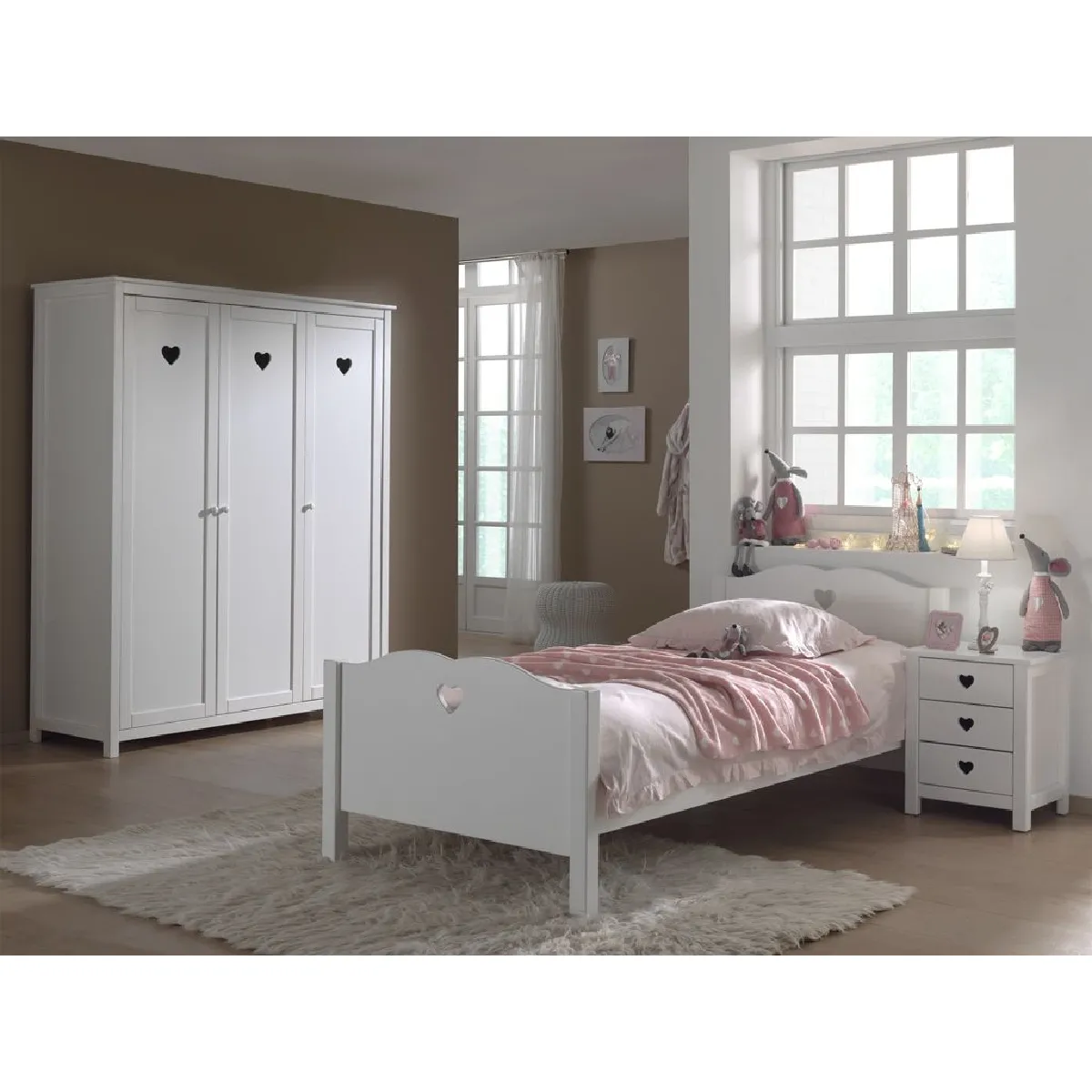 Lit 90x200 cm + chevet et armoire 3p en pin blanc - AMORENA