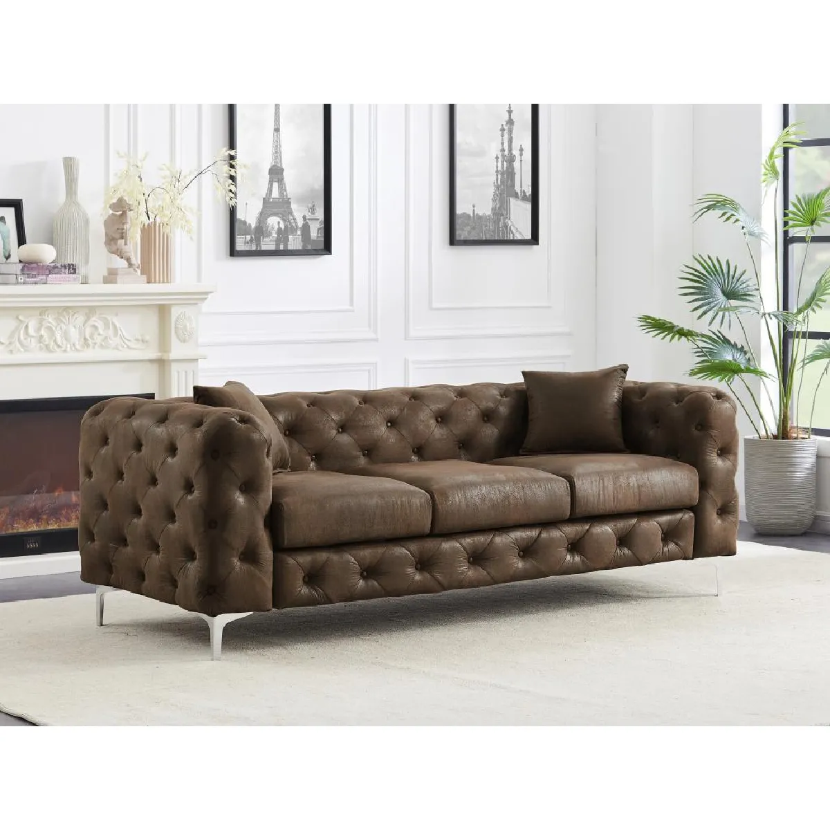 Canapé 3 places chesterfield en microfibre aspect cuir vieilli EDWINA