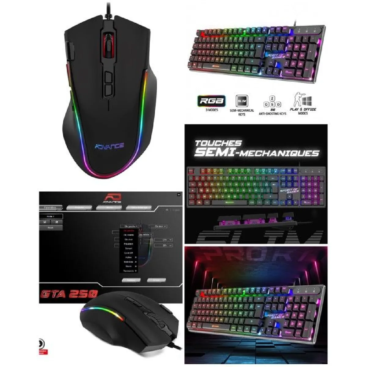 Pack GAMER 2 en 1 ADVANCE PRO-GTA250 SOURIS 4800DPI RGB + CLAVIER Semi Mécanique RGB GAMING