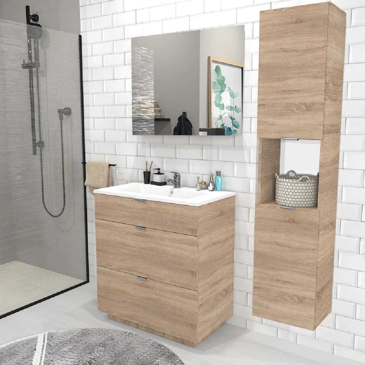 Meuble sous-vasque MARBELLA 80 cm + vasque + miroir + colonne / Décor Chêne blanchi