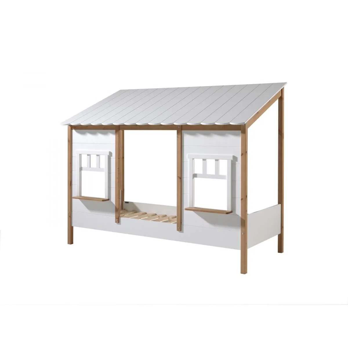 Lit maison enfant 90x200 cm avec sommier en pin blanc et naturel