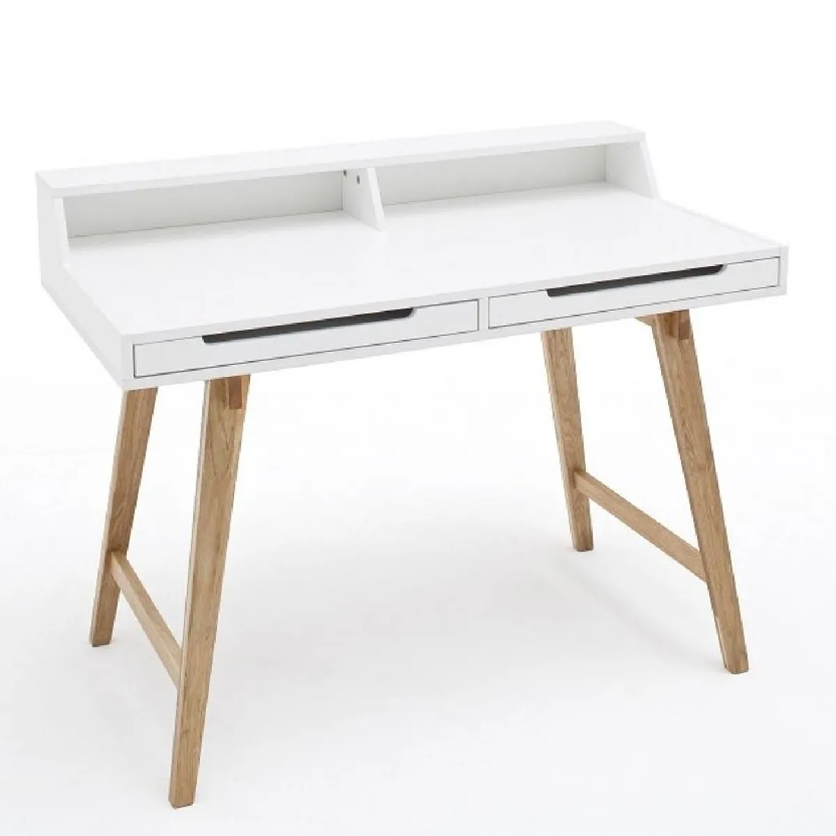 Bureau style scandinave THEA blanc et hêtre 2 tiroirs 2 niches