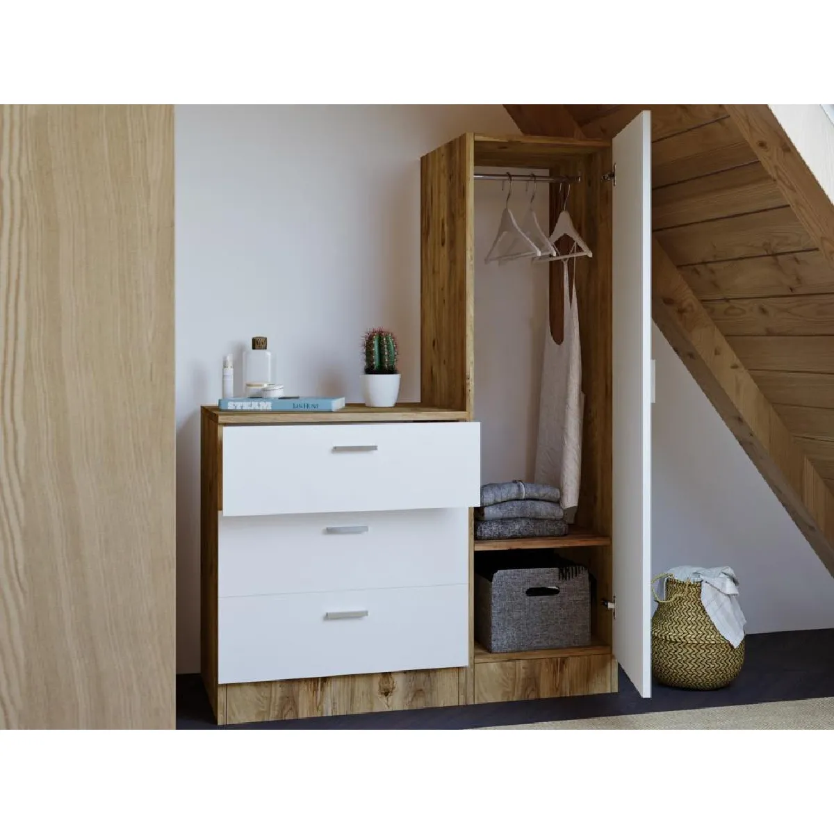 Commode 3 tiroirs avec armoire et miroir - Blanc et naturel - VITORIO