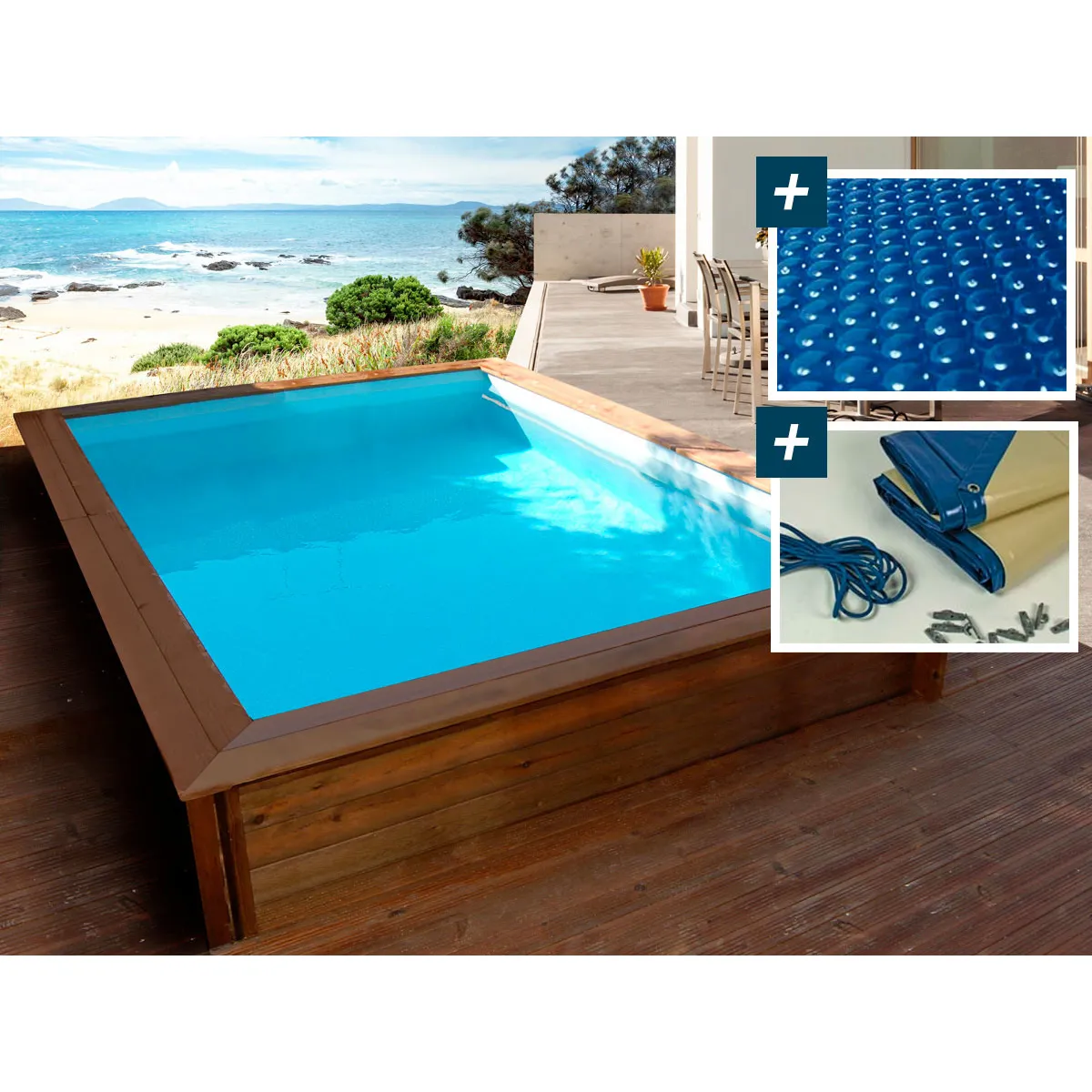 Piscine bois rectangle Toledo - 3.00 x 2.00 x 0.71 m - Bâche à bulles 180 µ - Bâche hiver 280 g/m²