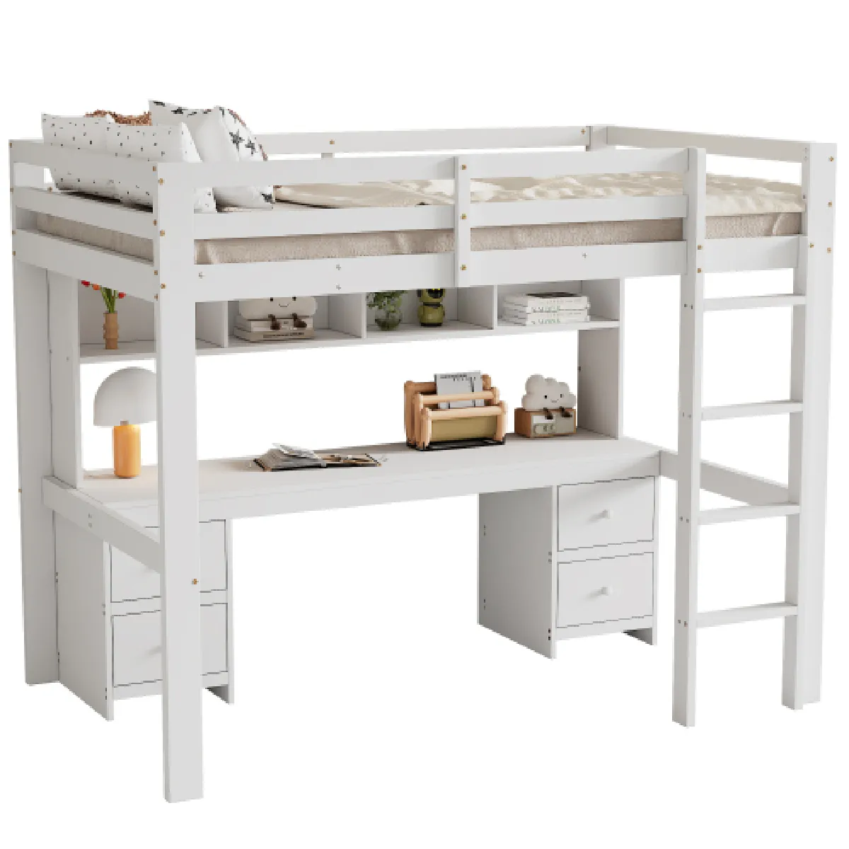 Lit Pour Enfant 90*200cm : Lit Mezzanine, Lit D'enfant, Bureau En Dessous, Blanc