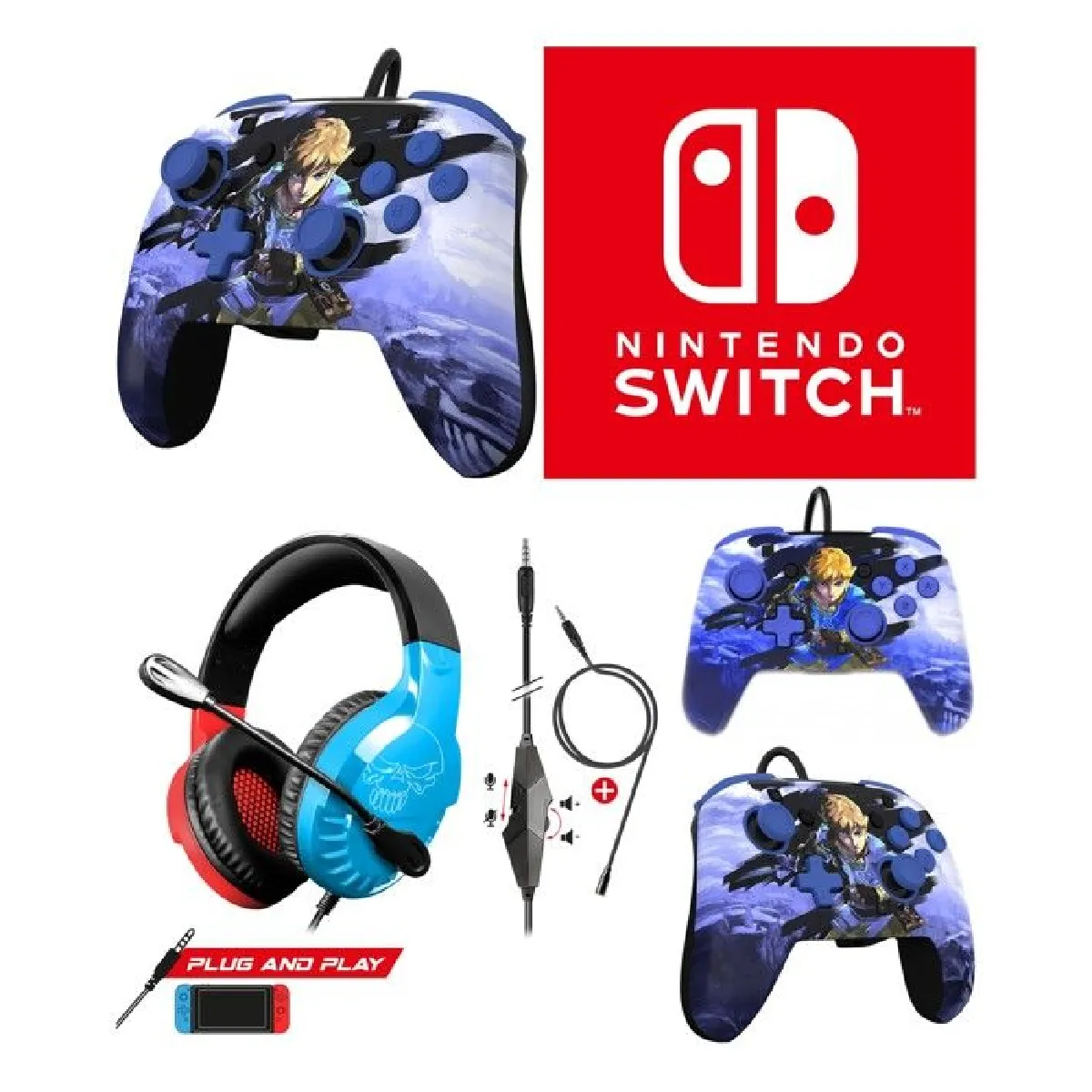 CASQUE PC NINTENDO SWITCH ROUGE ET BLEU + Manette Filaire REMATCH SWITCH ZELDA HYRULE Officielle Nintendo Switch original