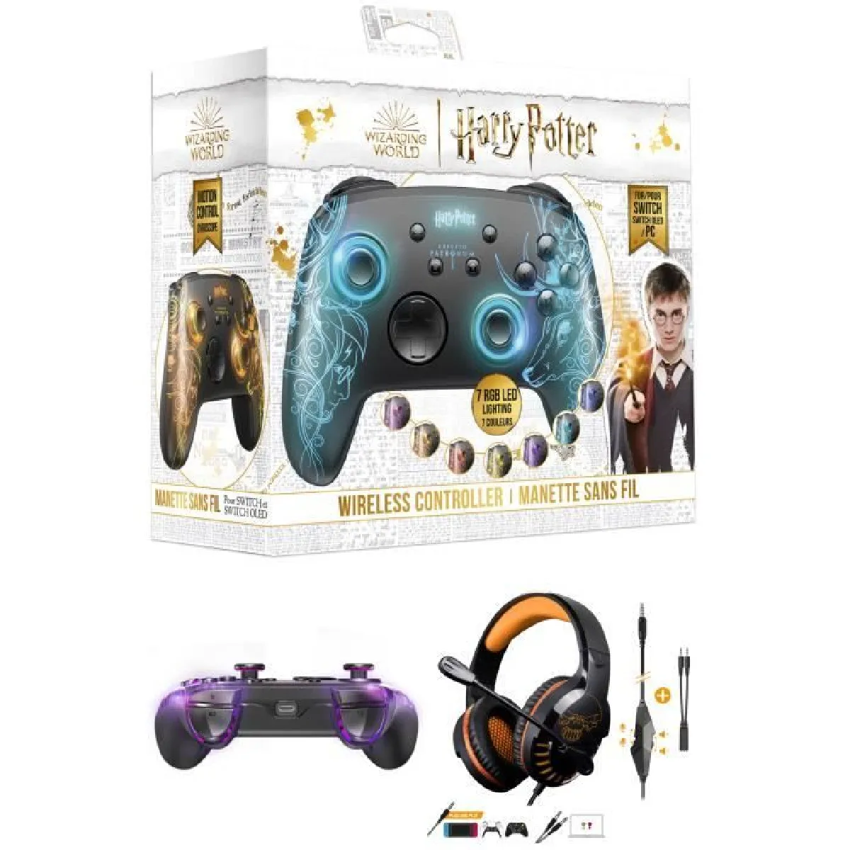 Casque Switch spirit of gamer OR + Manette Switch Nintendo Patronus Harry Potter LUMINEUSE - Manette Switch/PC Sans Fil RGB