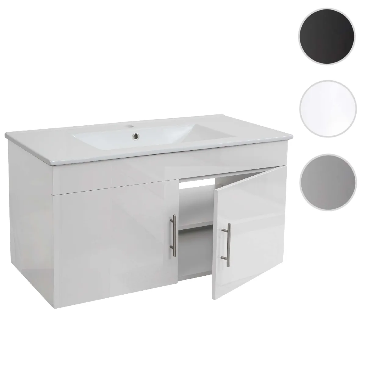 Lavabo + meuble sous évier HWC-D16, meuble sous vasque, poli miroir 90cm ~ blanc