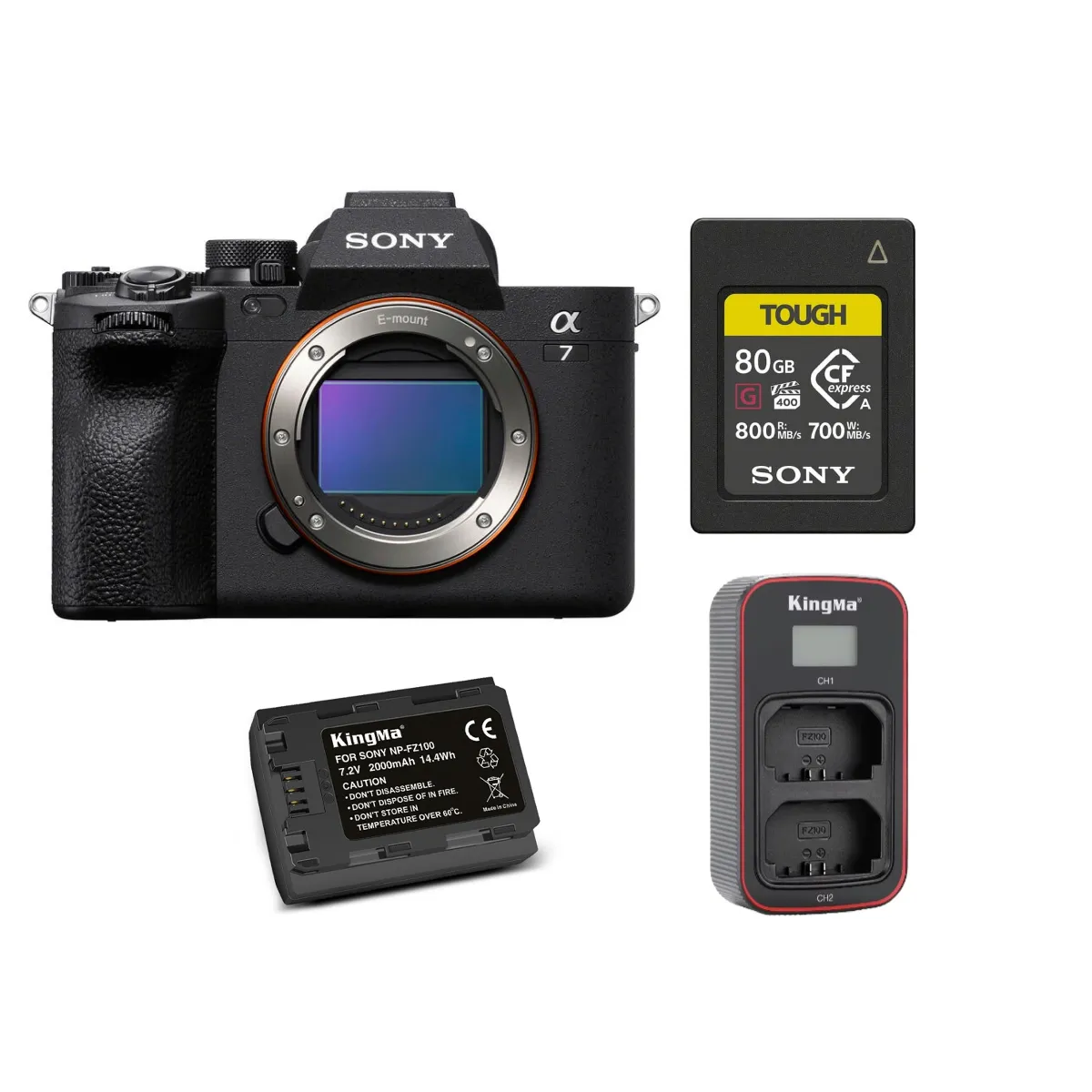 Sony A7 IV Body +Sony 80GB CFexpress Type A TOUGH Memory Card+ Kingma 2000mAh Battery (Sony NP-FZ100) + Kingma Sony NP-FZ100 LCD Dual USB charger