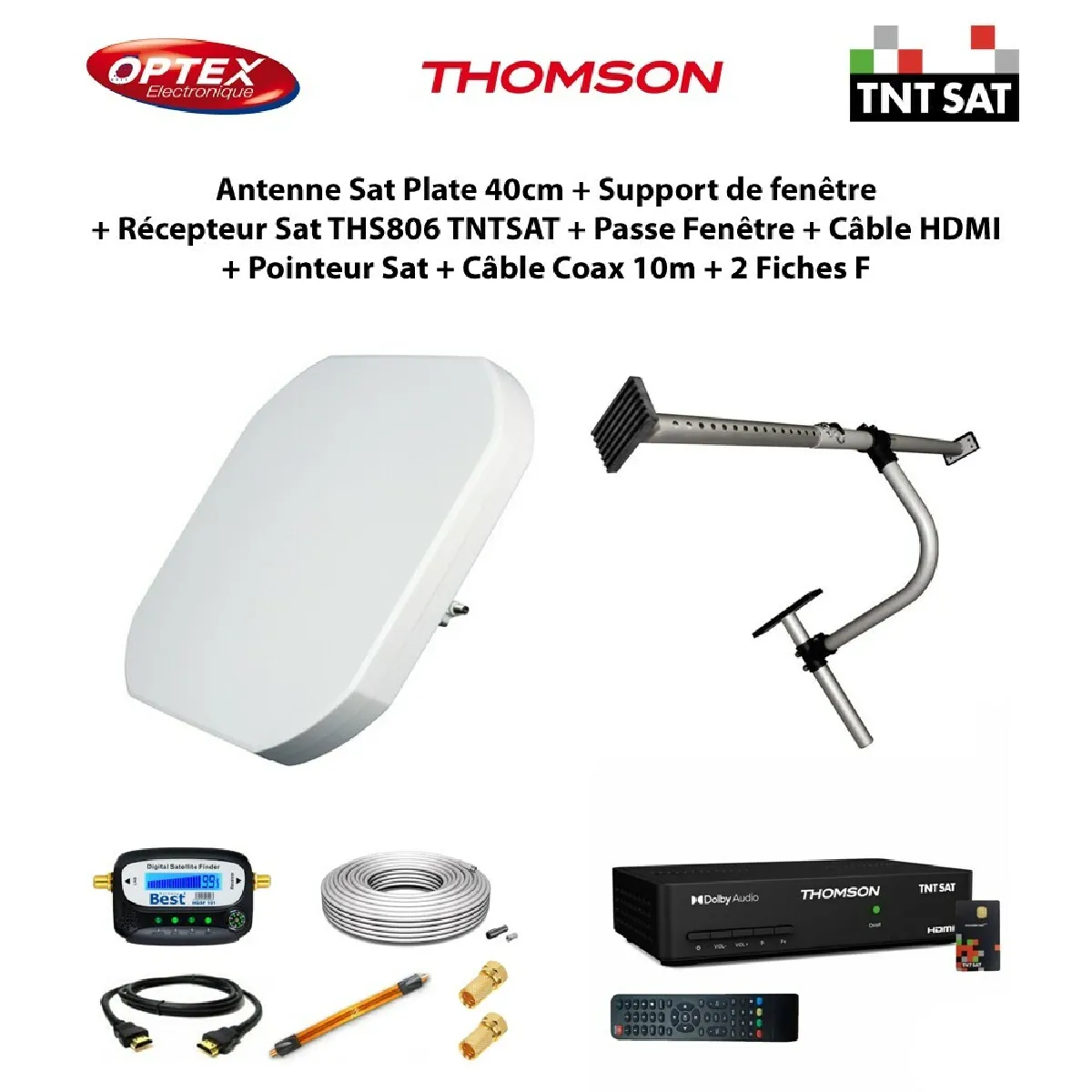 Antenne Sat Plate 40cm + Support de fenêtre + Récepteur Sat THS806 TNTSAT + Passe Fenêtre + Câble HDMI + Pointeur + Câble Coax 10m