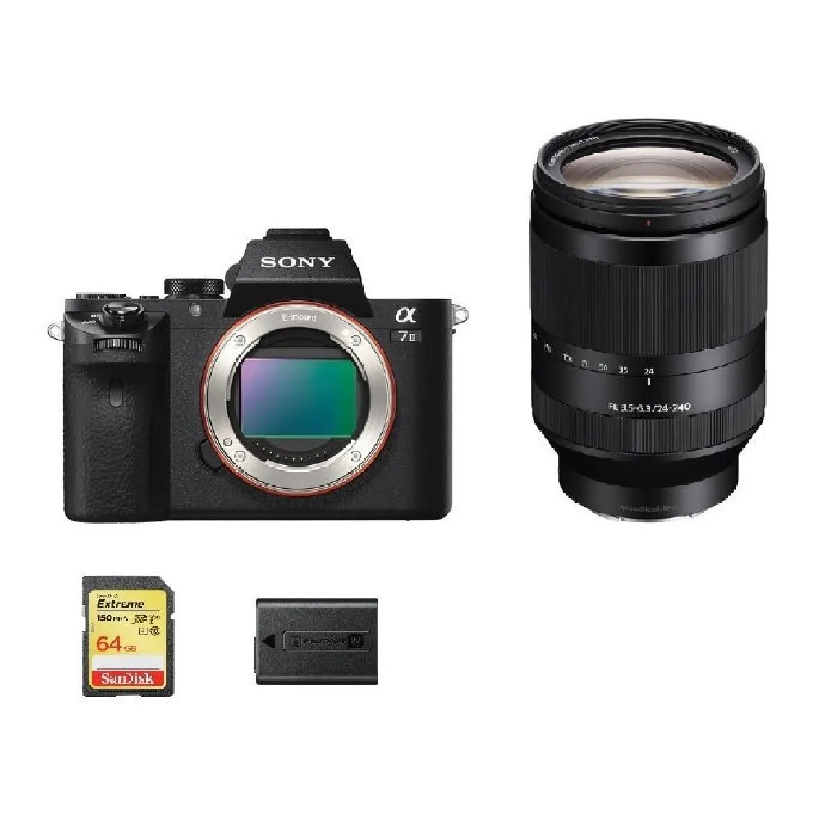 SONY A7 II + SEL 24-240MM F3.5-6.3 OSS + 64GB SD card + NP-FW50 Battery