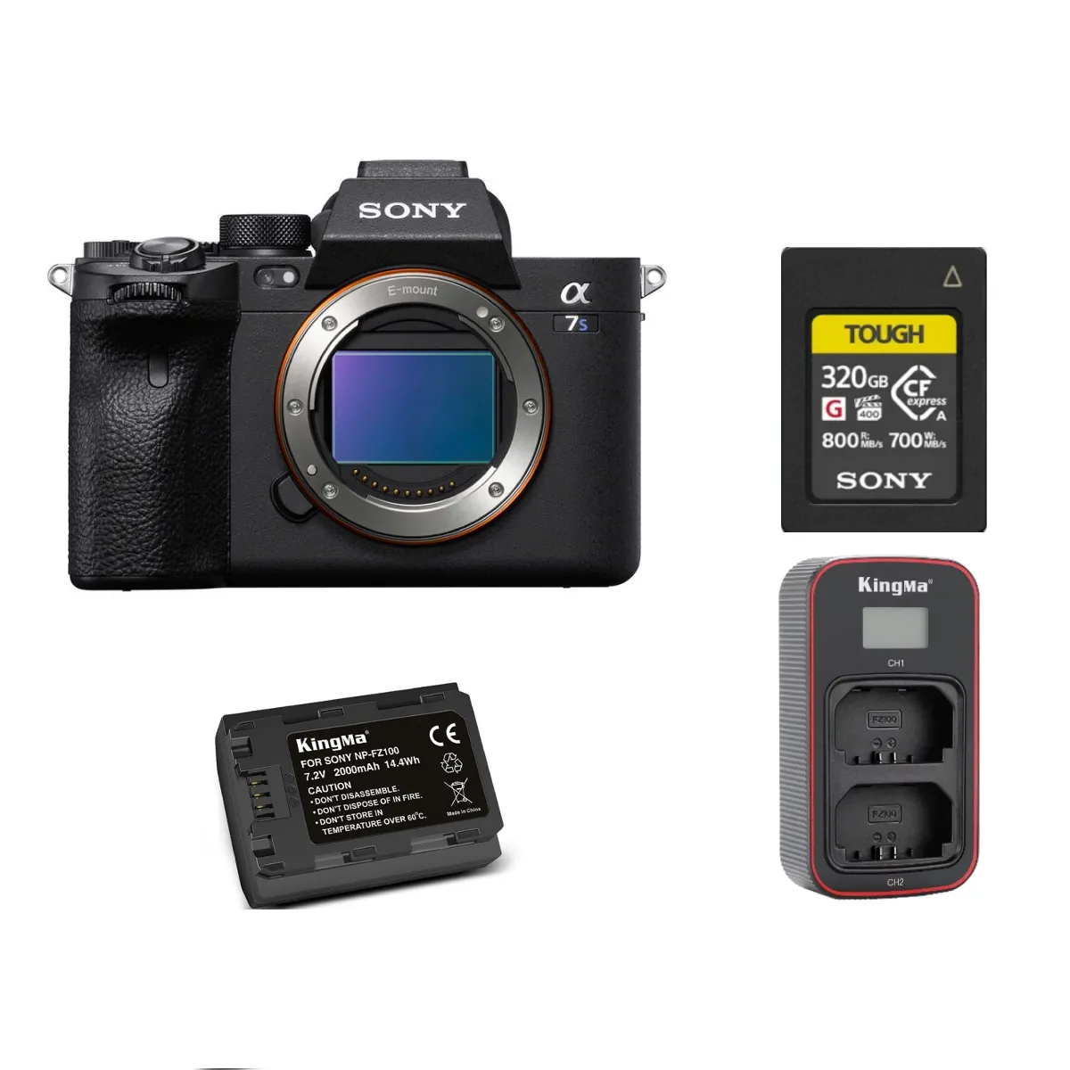 Sony Alpha A7S III Body (Multi-Language) +Sony 320GB CFexpress Type A TOUGH Memory Card+ Kingma 2000mAh Battery (Sony NP-FZ100)+ Kingma Sony NP-FZ100 LCD Dual USB charger