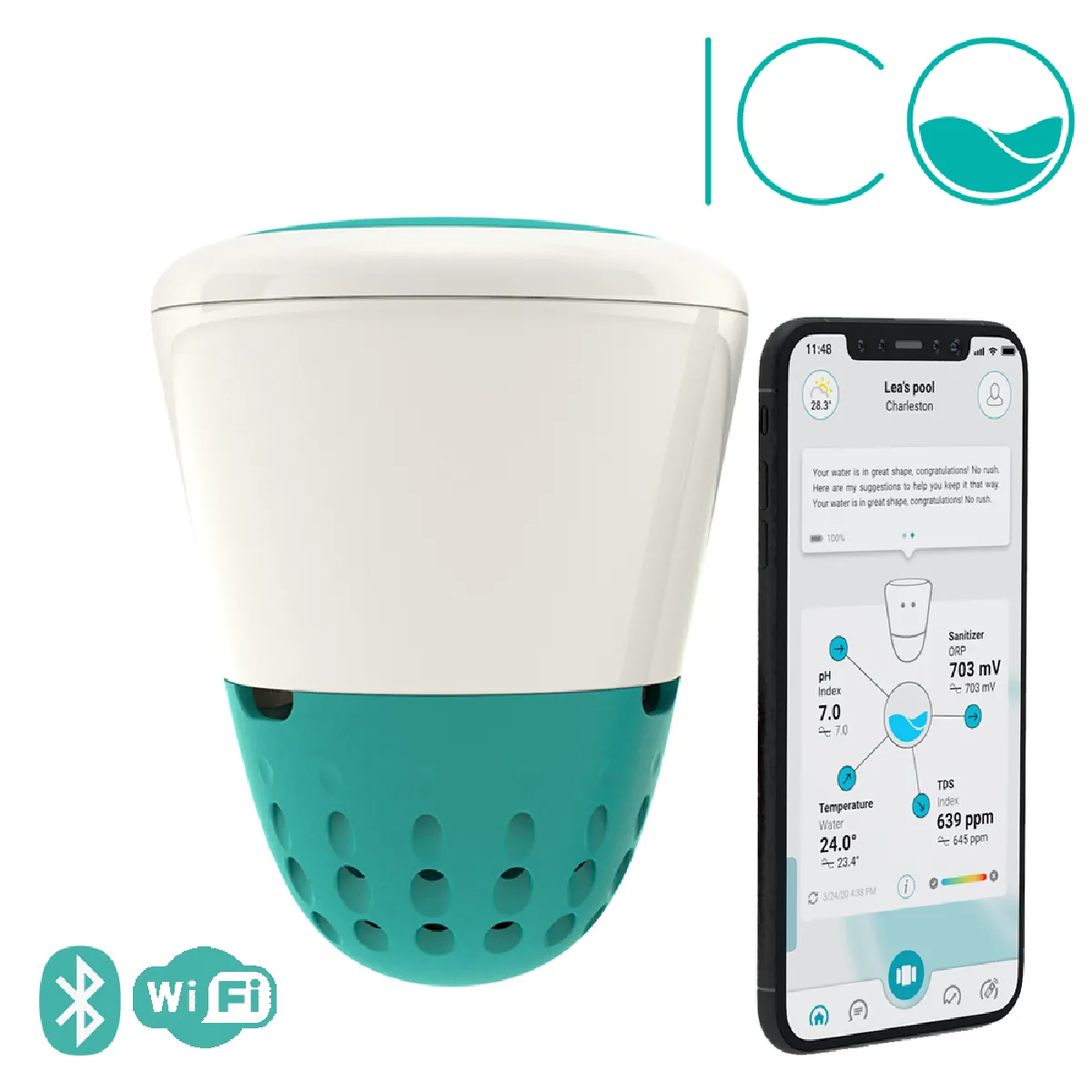 Ico ? piscine ? analyseur d?eau connecté intelligent pour piscine ? connecté à votre smartphone wifi. il prend en compte les changements météorologiques et vous notifie des mesures à prendre. ico vous connecte à votre piscine en eau douce grâce à son app