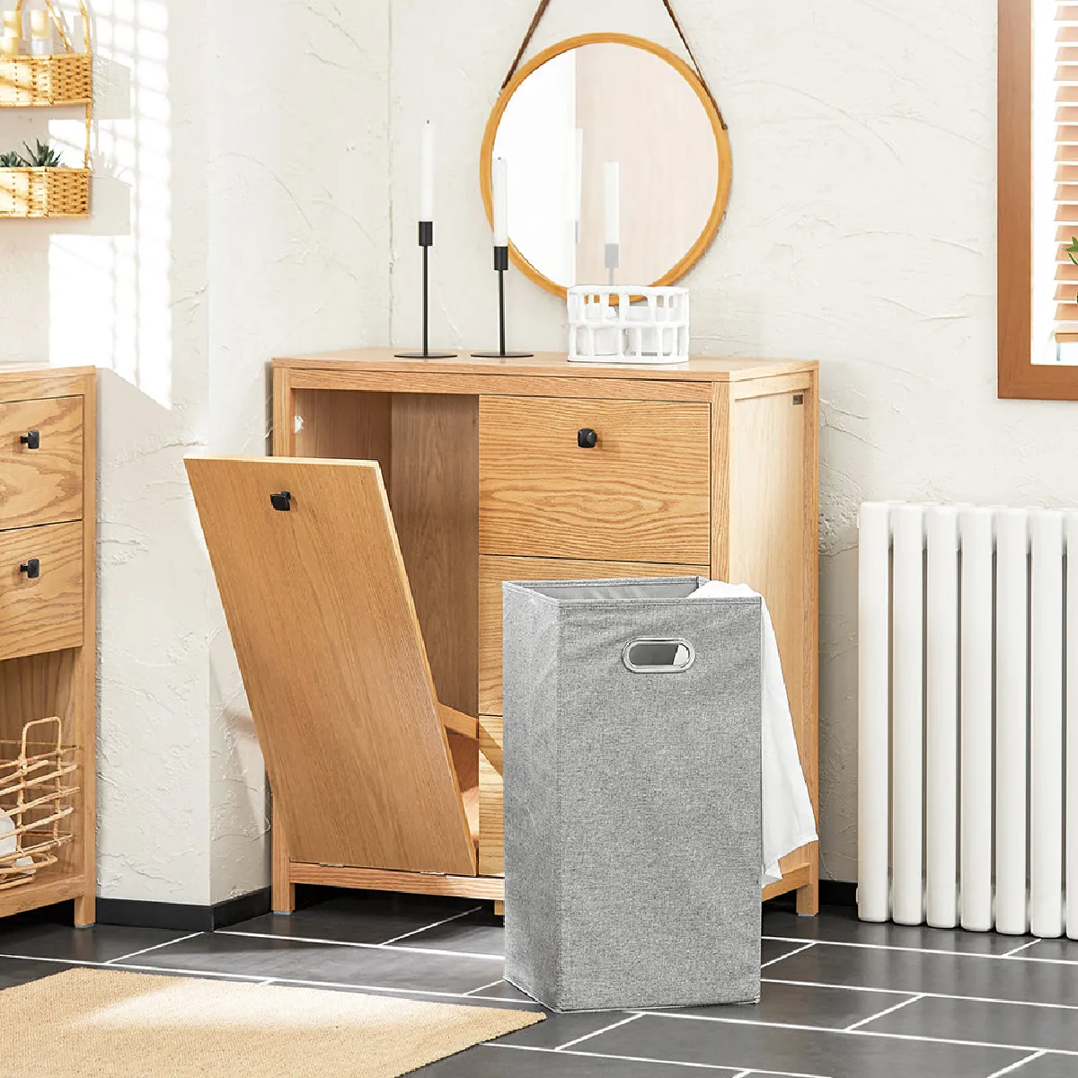 SoBuy BZR97-N Armoire à Linge avec Sac à Linge, Meuble Bas, Commode, Armoire Toilette avec 3 Tiroirs et 1 Panier à Linge