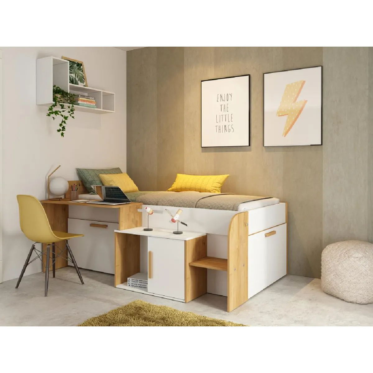 Lit combiné 90 x 200 cm avec bureau et rangements - Coloris : Blanc et naturel + Sommier + Matelas - PEDRO