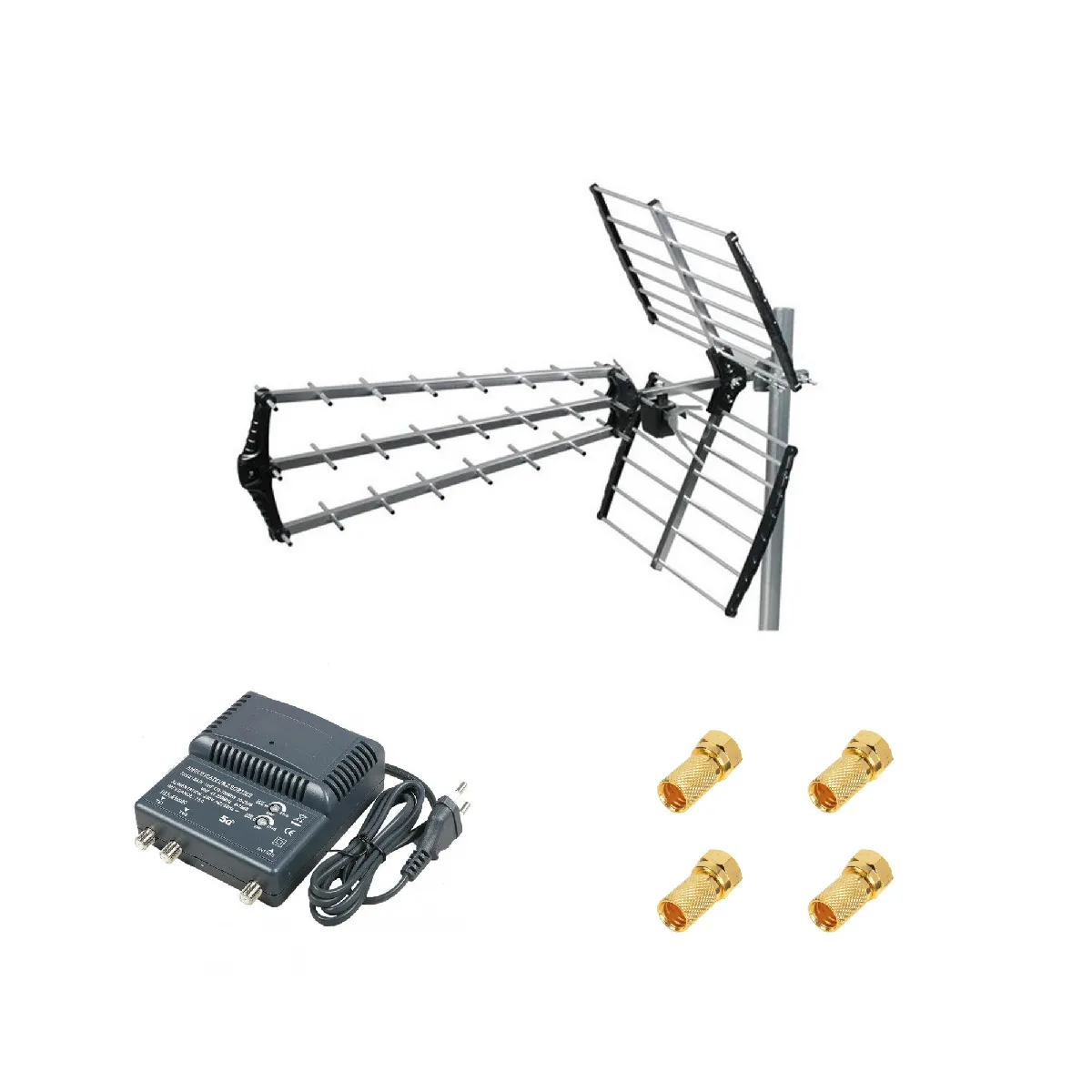 Kit Antenne TNT Trinappe Gain 18dB + Amplificateur TNT 2 Sorties + 4 Fiches F