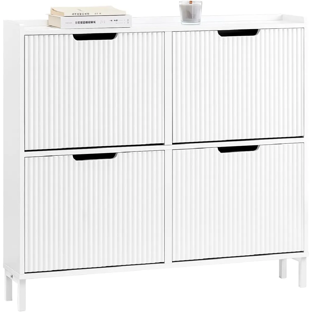 SoBuy FSR177-L-W Meuble à Chaussures Armoire à Chaussures Meuble Rangement Chaussures 4 Portes abattantes, Meuble d'Entrée Coffre Rangement pour Chaussures, Blanc