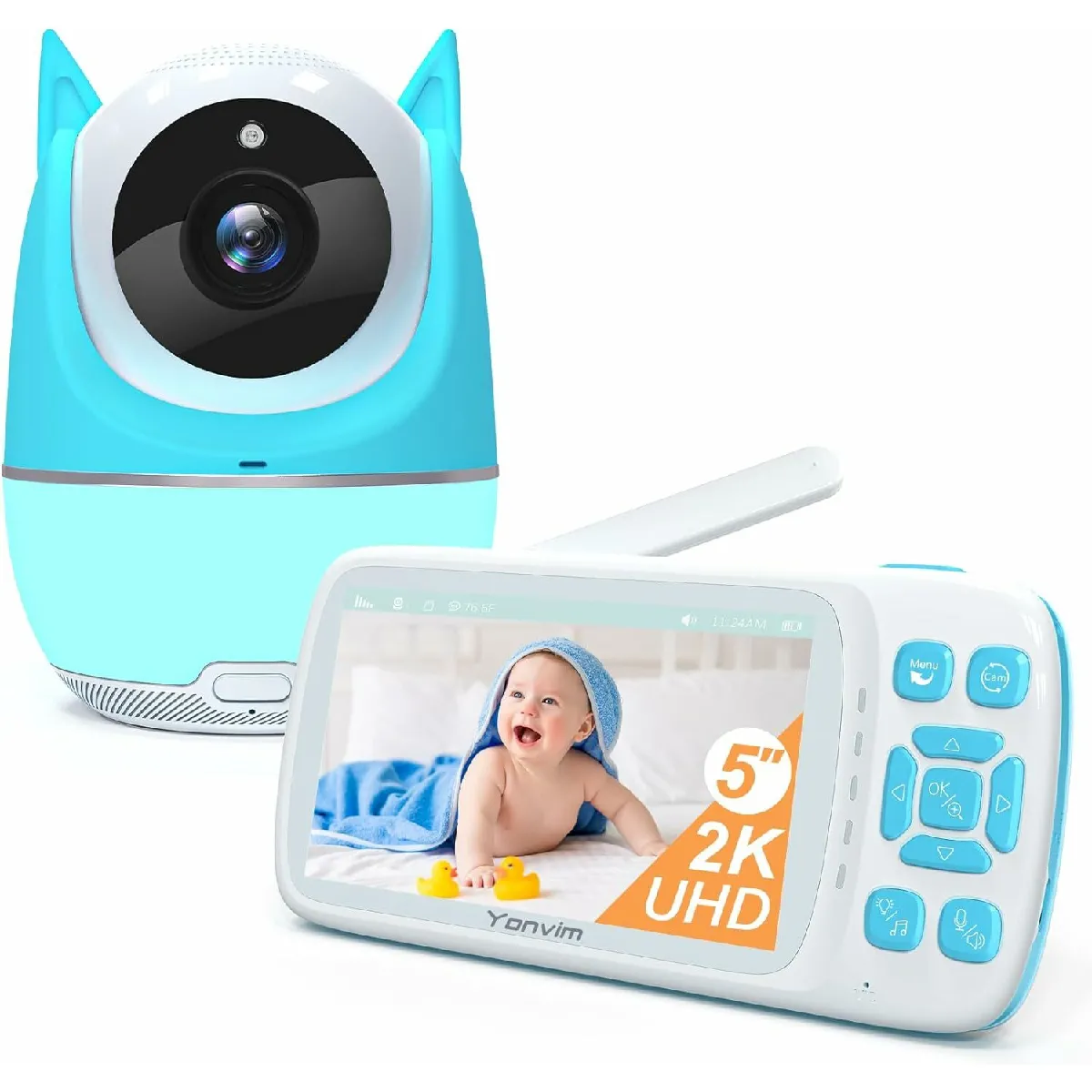 Yonvim Caméra de surveillance pour bébé 5 pouces 2K, pas de WiFi, autonomie de 30 heures, longue portée de 1 500 pieds