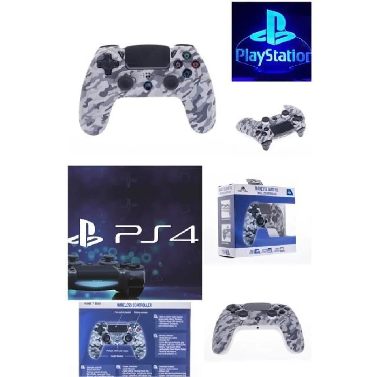 Manette Sans Fil Bluetooth PS4 Camouflage BLANC Contrôleur de jeu PLAYSTATION Prise Jack casque et boutons lumineux