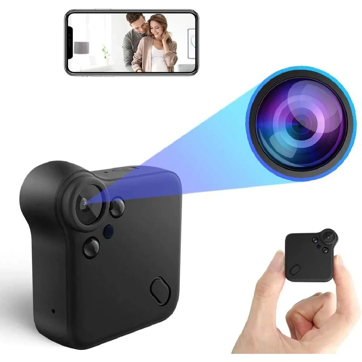 Mini caméra espion 1080P HD caméra cachée WiFi petites caméras de surveillance de sécurité sans fil avec vision nocturne et détection de mouvement et grand angle pour la maison intérieure extérieure portable