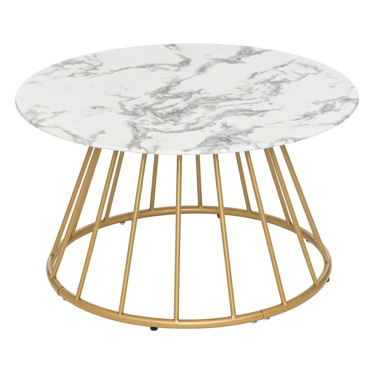 Table basse, Table de salon en verre trempé effet marbre coloris Blanc, noir et fer coloris doré - diamètre 70 x Hauteur 40 cm