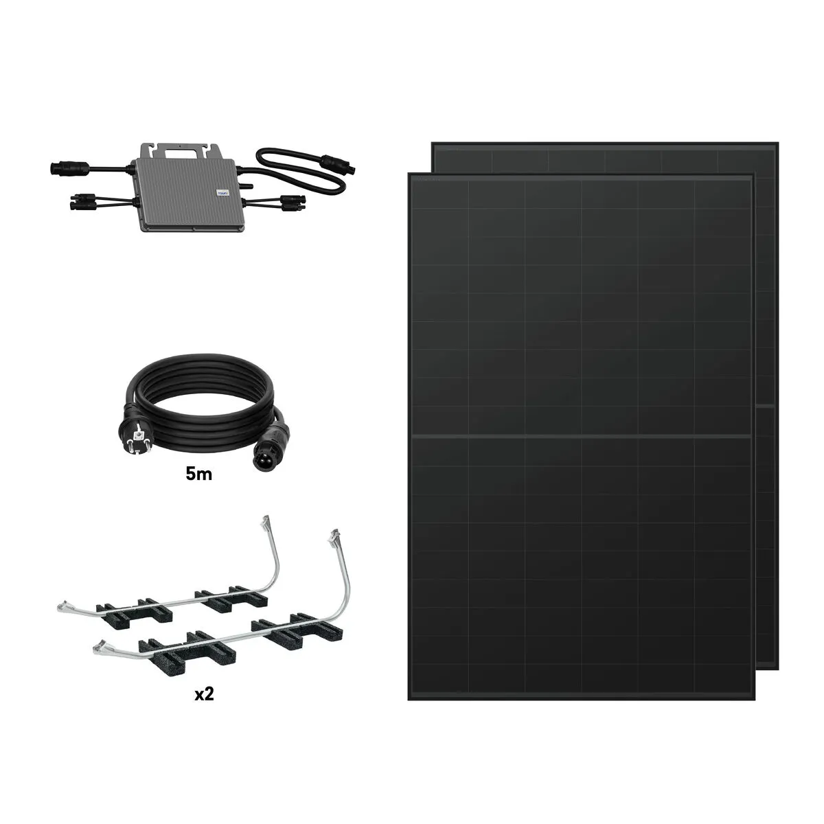 TORNASOL Kit solaire auto-installable 800W, x2 panneaux solaires rigides, bifaciaux, full black de 420W-DC1500V, inclinaison 20º, protection IP68, connexion schuko-câble MC4, recommandé pour balcon