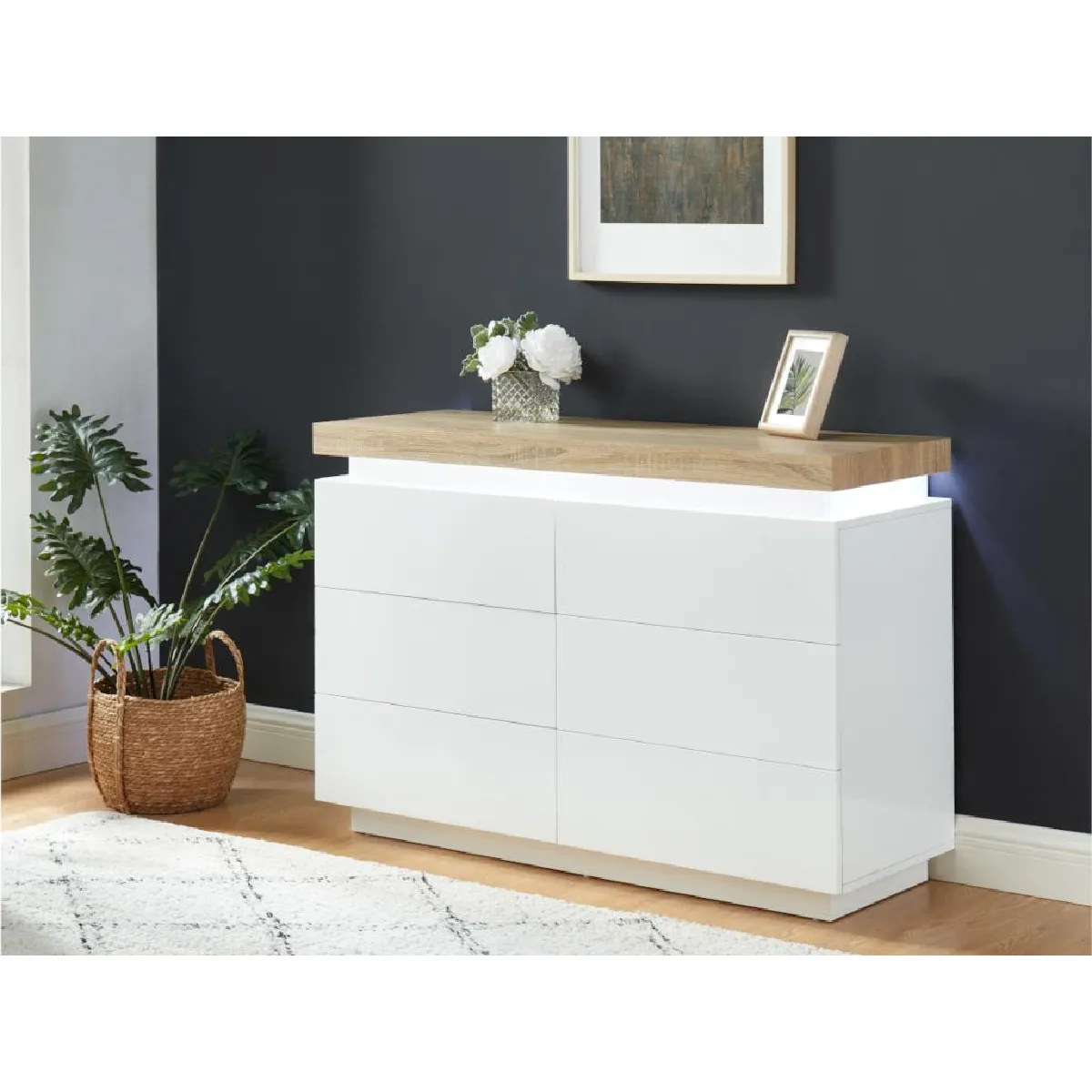 Commode HALO II - 6 tiroirs - MDF laqué - Avec LEDs - Coloris : Blanc et Chêne