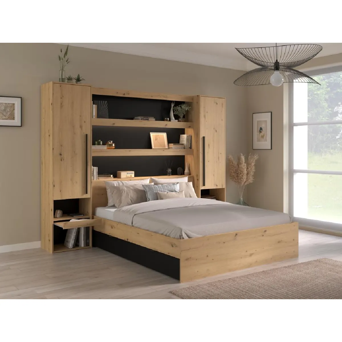 Pont de lit avec rangements et LEDs - L269 cm - Coloris : Naturel et noir - VARLY