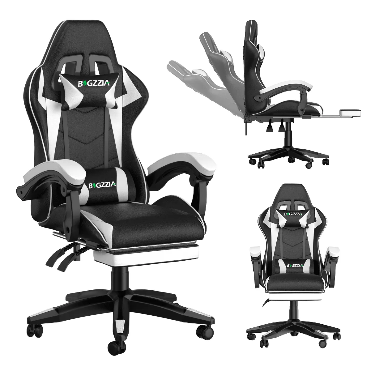 Chaise de Gaming avec Repose-Pied, Chaise Gaming Racing, Dossier Inclinable à 155, Avec support lombaire, Fauteuil gamer Ergonomique, Siege Gaming avec Appui-tête, Noir Blanc