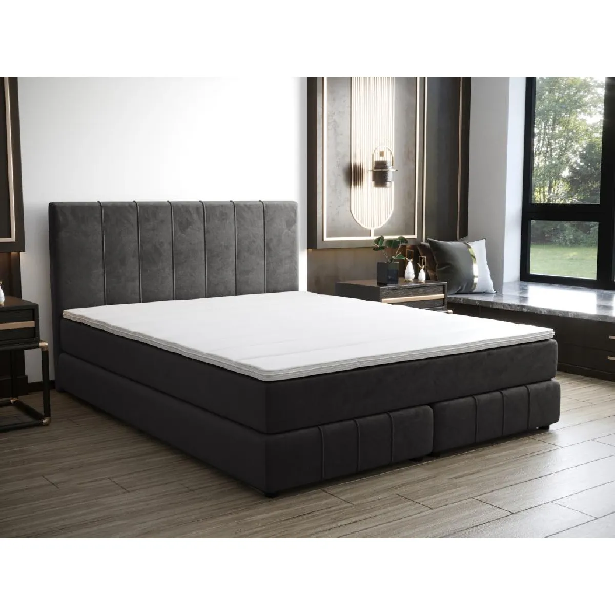 Ensemble complet boxspring tête de lit + sommier + matelas + surmatelas - 160 x 200 cm - Velours - Anthracite - HIDA de YSMÉE