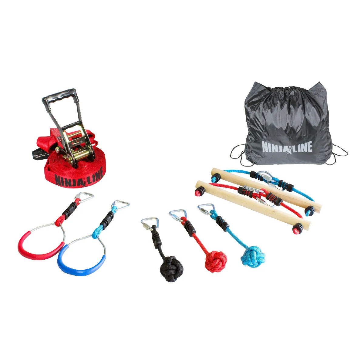 Slackers - Set apprentissage Ninja Line Parcours de 11 mètres avec 7 accessoires suspendus - Sangle utilisable comme Slackline